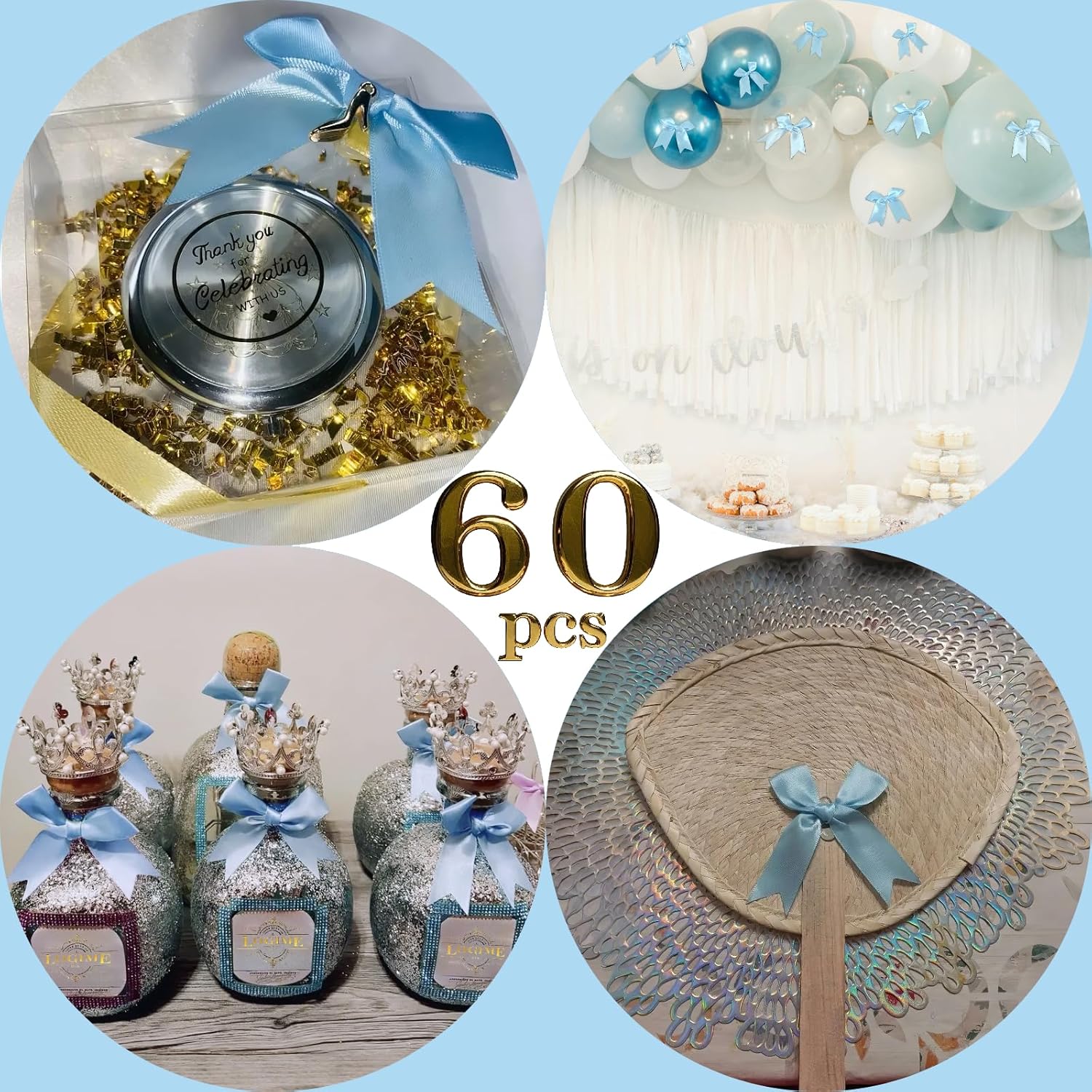 60-Pack Satin Ribbon Twist Tie Bows for Gift Wrapping, 3.3" Cerulean Blue Gift Wrap Bows - Premium DIY Decor for Treat Bags, Birthday Presents, Holiday Gifts, Party Decorations, Gift Bags - Image 4