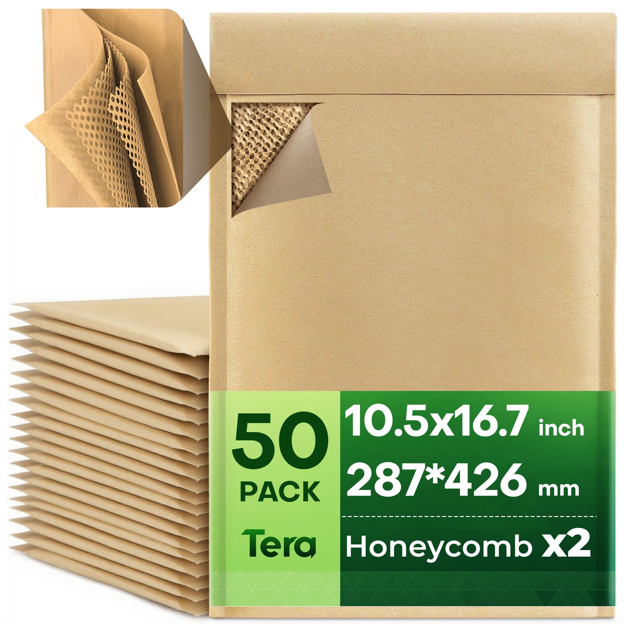 Tera Honeycomb Padded Mailers Envelopes: 10.5 x 16.7 inch 50 pcs 4-Layer Protection Self Seal Biodegradable Recyclable Kraft Paper for Jewelry Makeup