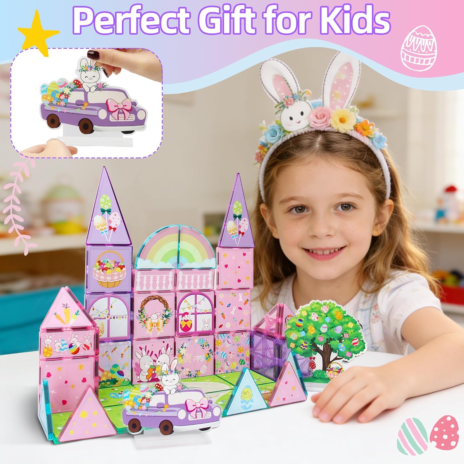 MAYAPHILOS 54 PCS Magnetic Tiles, Magnetic Building Blocks with Rabbit, Carrot, Easter Egg Pattern, Construction Stacking Toy for Toddlers, Gifts for Boys and Girls