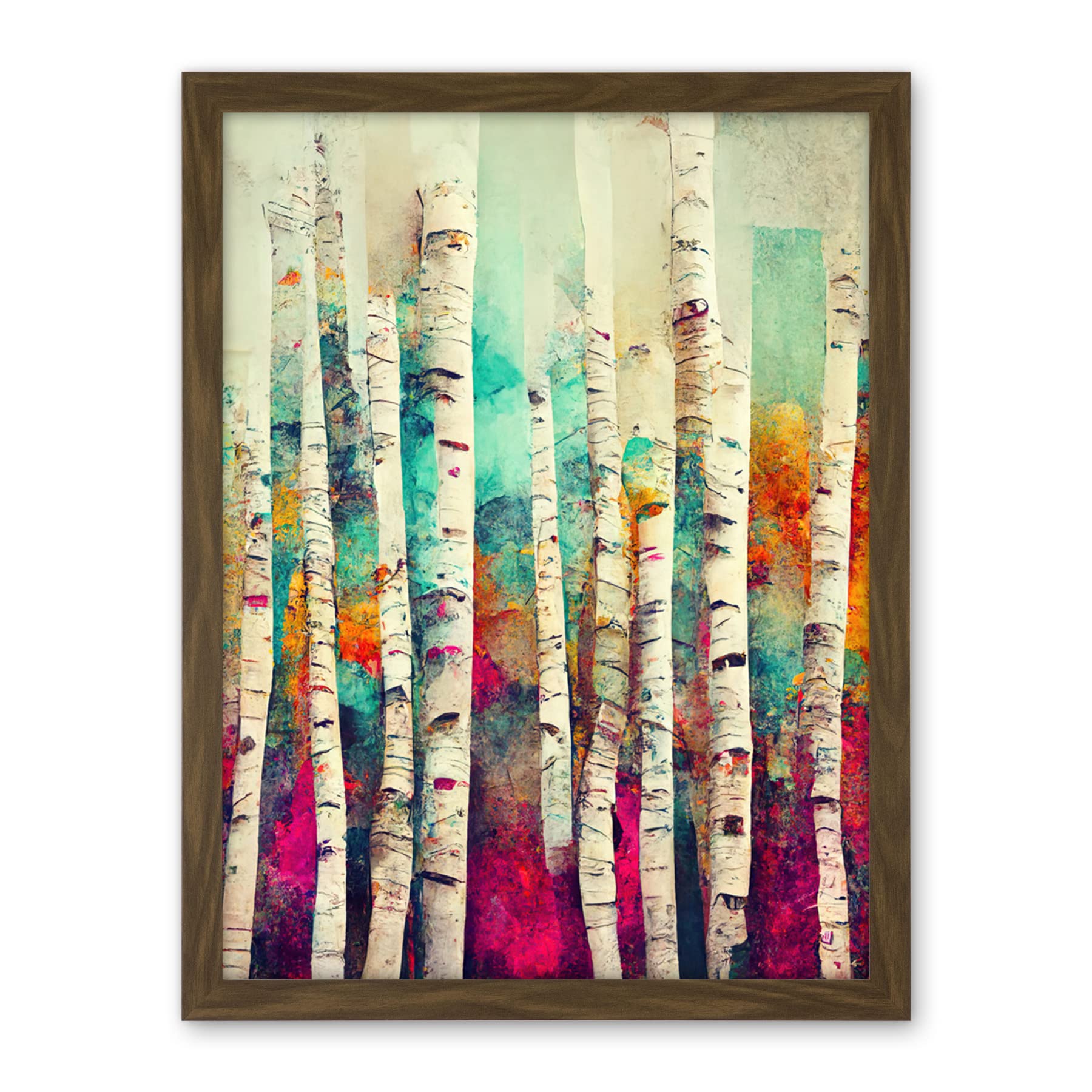 Wee Blue Coo Abstract Multi Coloured Birch Tree Forest Vibrant Colourful Oil Painting Artwork Framed Wall Art Print 18X24 Inch