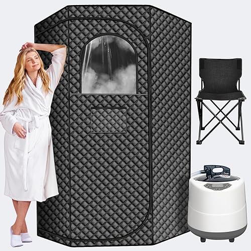 Steam Sauna Box, Portable Sauna for Home, Extra Large Pentagon Design Saunas Tent, Includes 3L Steamer with 9 Levels Remote Control and Absorbent Mat & Folding Chair (Black Pentagon)