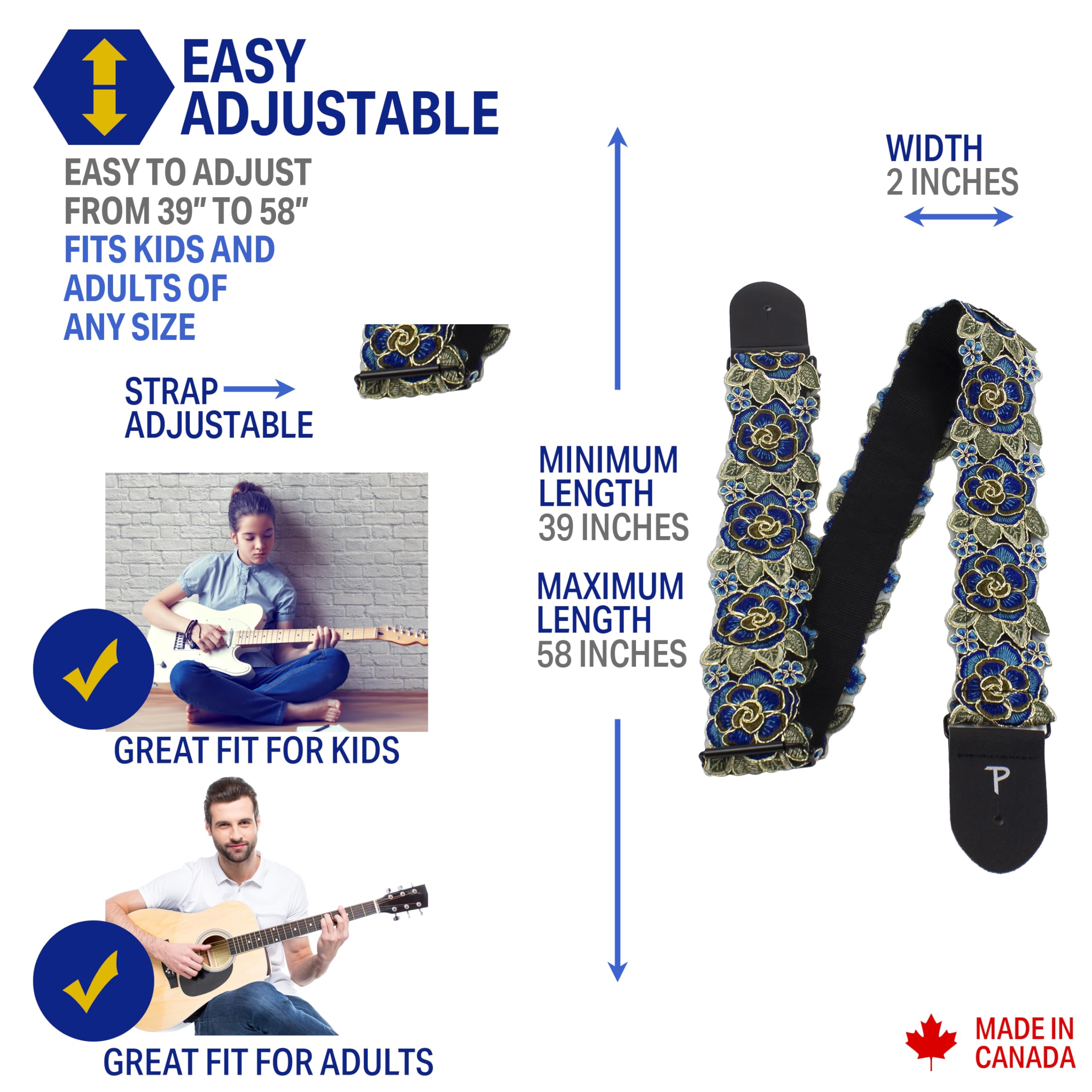 Perri’s Leathers Ltd. – Sangle de guitare en dentelle florale 3D bleue – Longueur réglable – Pour guitares électriques, acoustiques et basses – Bleu et vert – Fabriqué au Canada