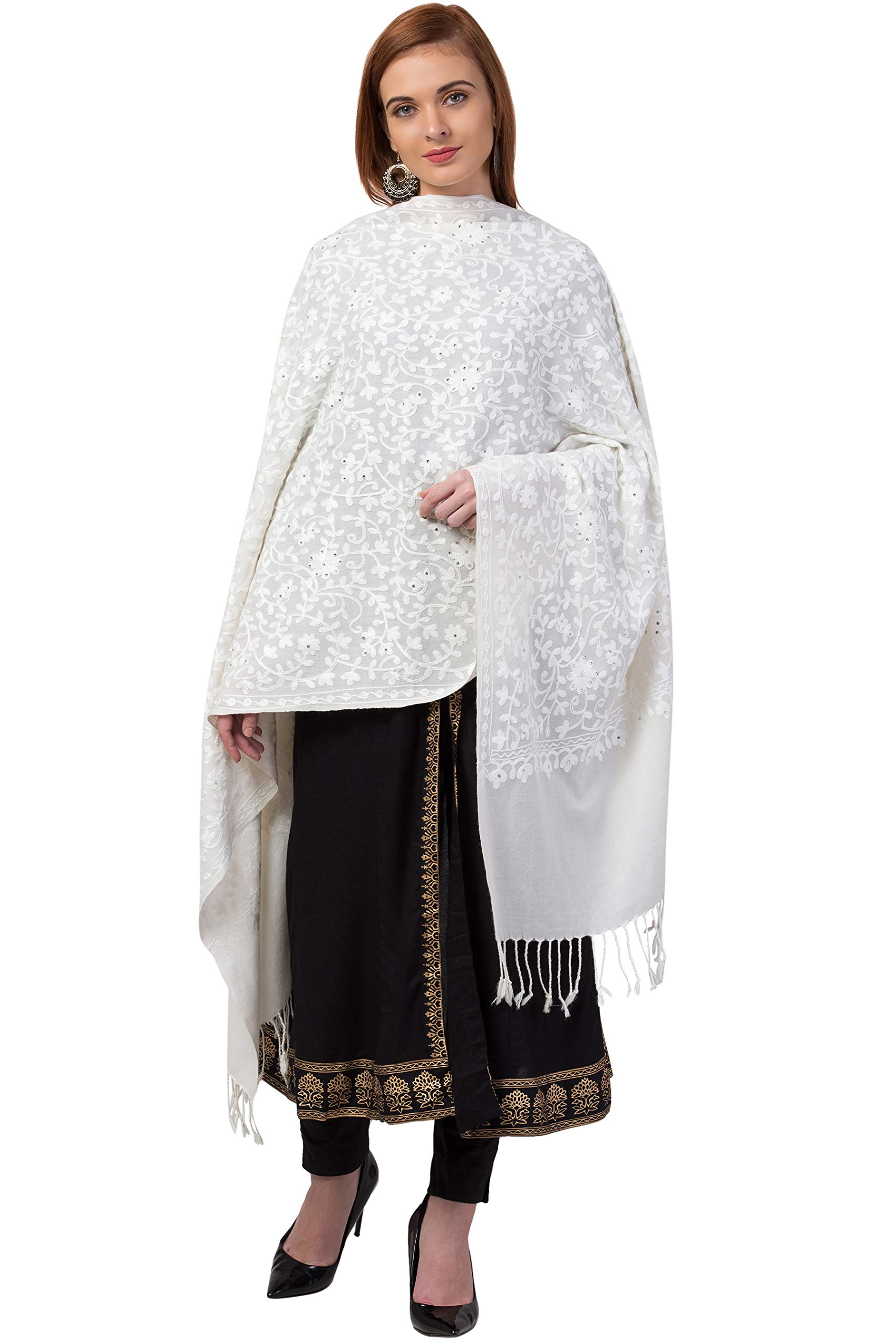 Mintt Tweedle Women's Off-White /Cream Pashmina Pure Wool Kashmiri Embroidery Stole/Shawl/Wrap for Winters (28 x 80 - inches) 2
