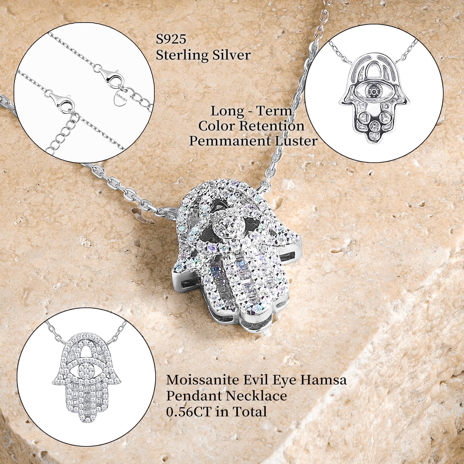 Hamsa Necklace for Women, 0.56Ct, Color D, VVS1, 925 Sterling Silver Moissanite Pendant Necklace, Evil Eye Hand of Fatima Protection for Birthday, Anniversary, Christmas, Graduation, Mothers Day Gift - Image 5