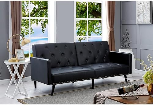 Futón copetudo con respaldo dividido, sofá cama convertible moderno de mediados de siglo para habitaciones pequeñas, sofá de piel sintética con