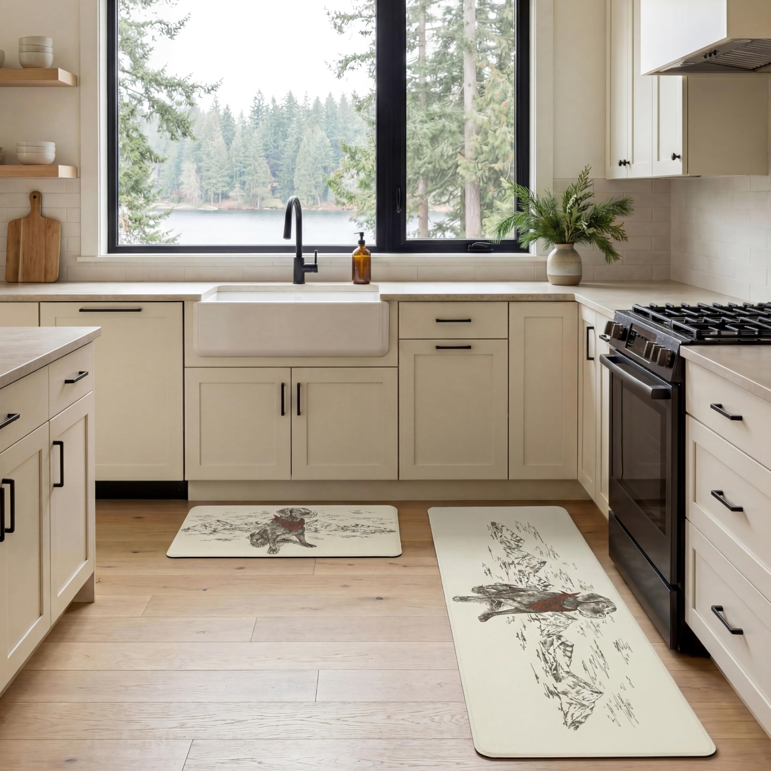 Eddie Bauer Man's Best Friend Dog Anti Fatigue Cushioned Non-Slip 2pc Set Kitchen Mat 18"x28" & 18"x60" Beige