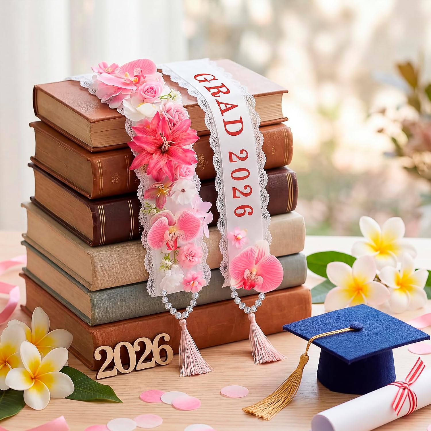 Graduation Lei Class of 2026 - Graduation Ribbon Lei with 2026 Grad Print & Lace Edging, 66'' Pink Hawaiian Flower Necklace for Women Men, Graduation Gifts & Party Accessories for High School College