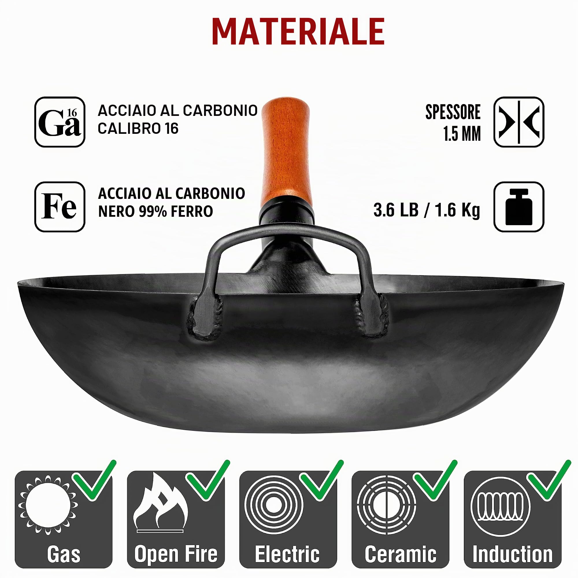 YOSUKATA Wok Padella Professionale 34 cm - Tradizionale Wok Acciaio al Carbonio Fondo Piatto + Coperchio Wok 32,5 cm