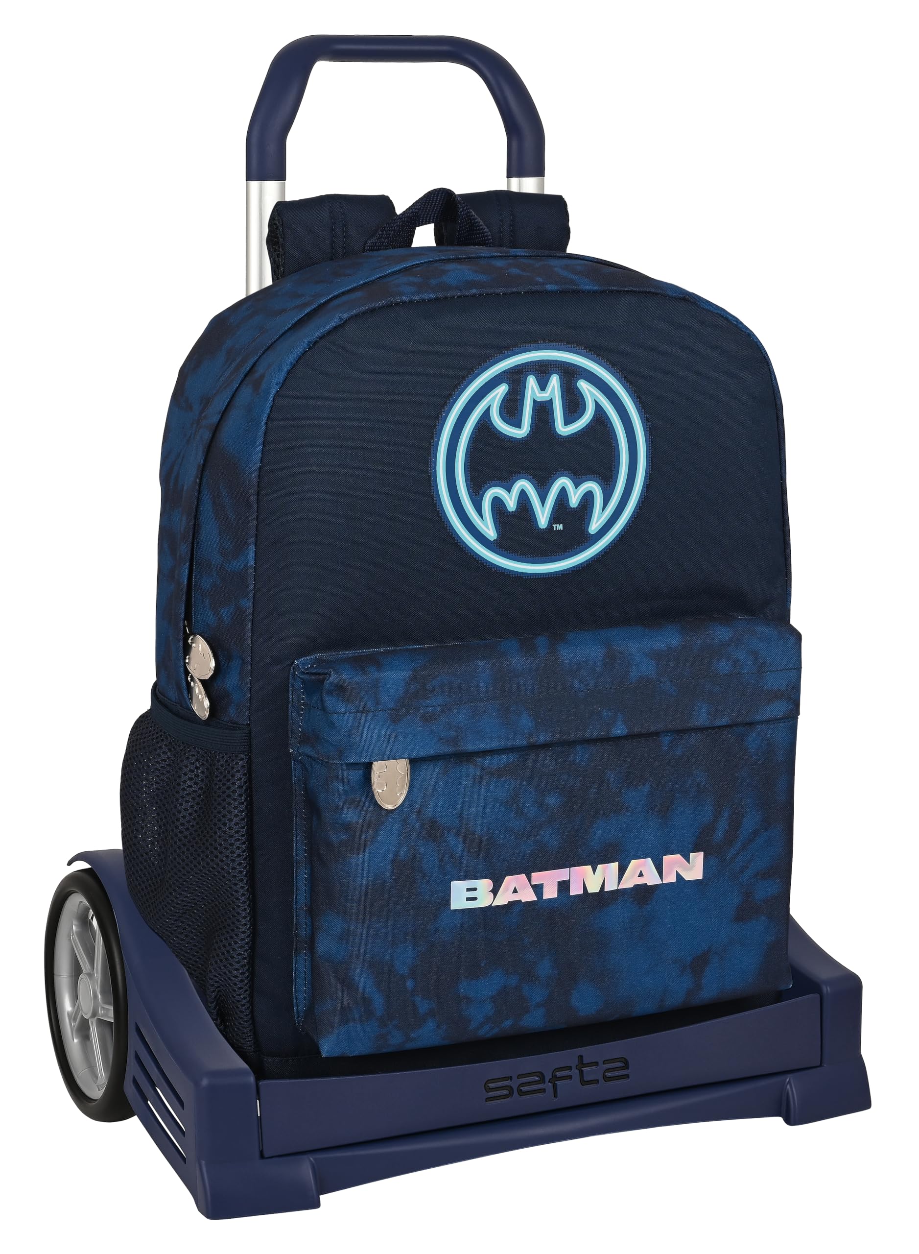 Safta BATMAN LEGENDARY - Mochila, Espalda Ergonómica, con Carro Evolution, Ideal para Niños de Diferentes Edades, Cómoda y Versátil, Calidad y Resistencia, 32x14x43 cm, Color Azul Marino