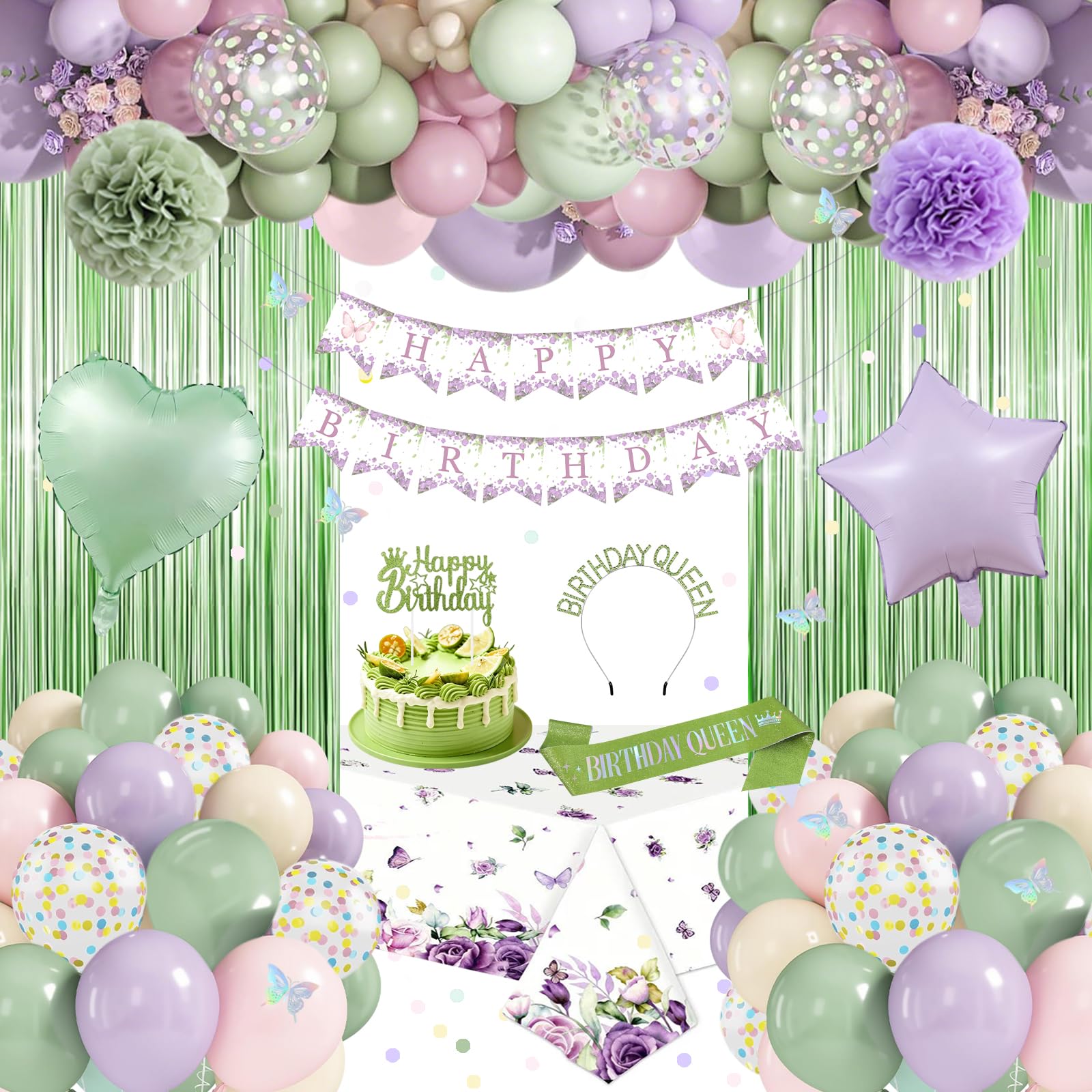 Green Purple Birthday Party Decorations, Happy Birthday Banner, Macaron Purple Pink Yellow Avocado Green Balloons, Sash, Crown, Butterfly, Fringe Curtain, Tablecloth for Women Party Supplies