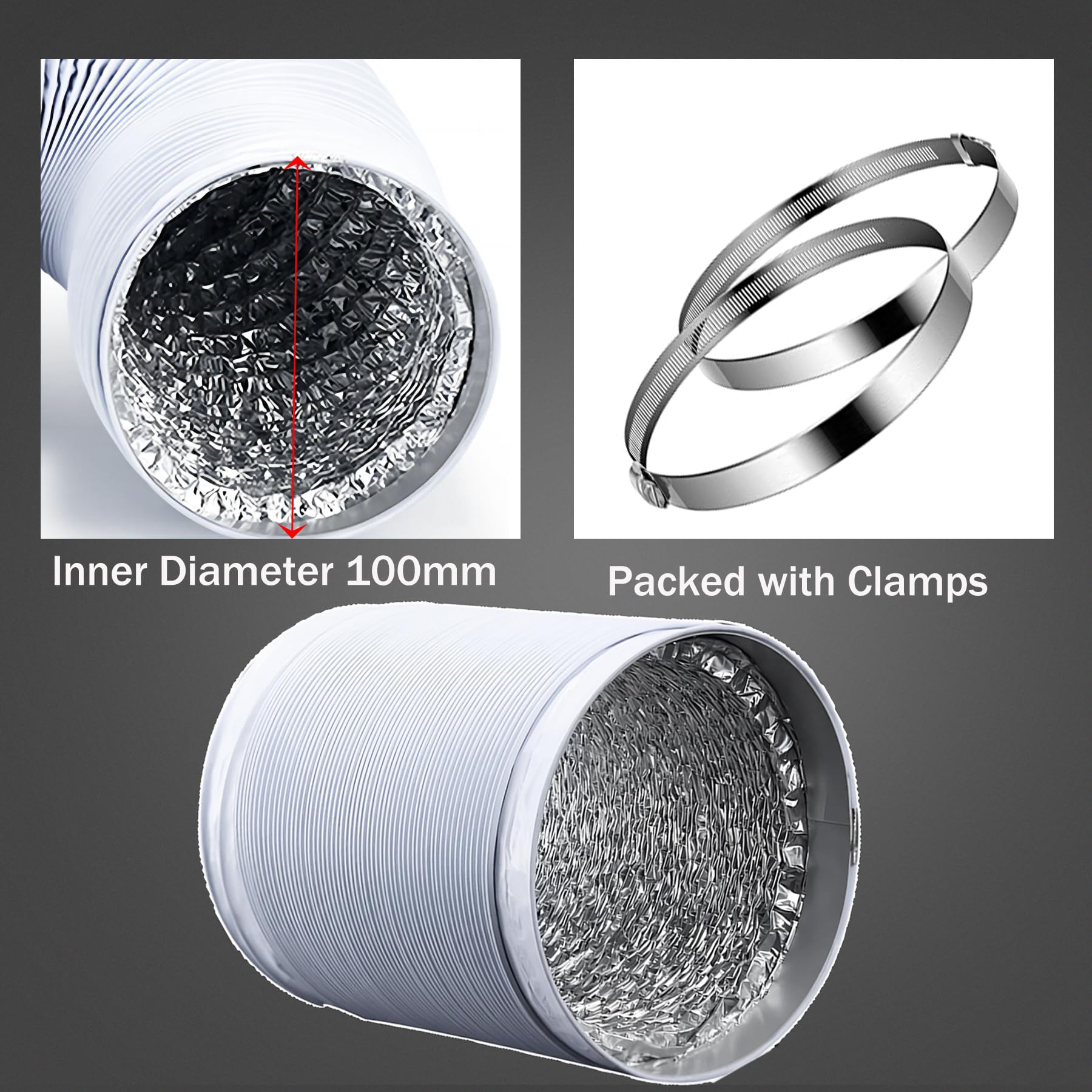 Moonjor - Tubo di ventilazione flessibile in alluminio, 100 mm, 2 metri, colore: bianco
