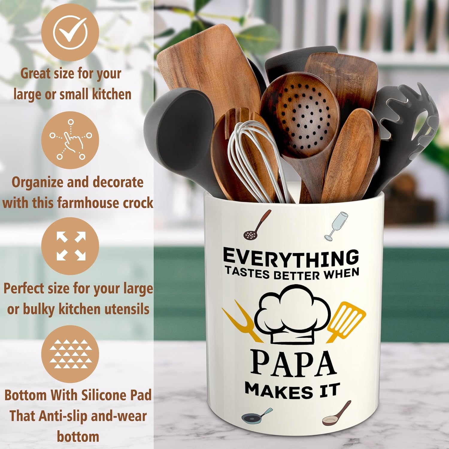 Papa Fathers Day Gift, Papa Gifts from Grandkids, Father's Day Gift for Papa's, Birthday Gifts for Father Dad from Kids, Dad Ceramic Utensil Holder for Kitchen with Non-Slip Mat