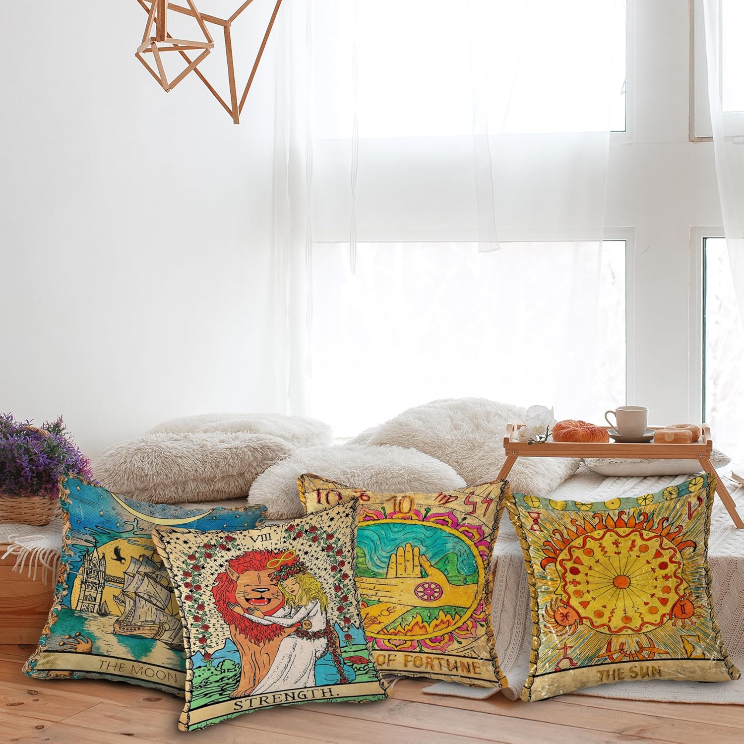 (RB) Tarot The Moon Sun Flannel Throw Pillow Case, 18 x 18 Inch Set of 4, Daughter Sister Astrology Tarot Lovers Gifts, Mom, Gifts, Tarot Art Cushion Cover for Sofa Couch Bed Girl Room College Dorm