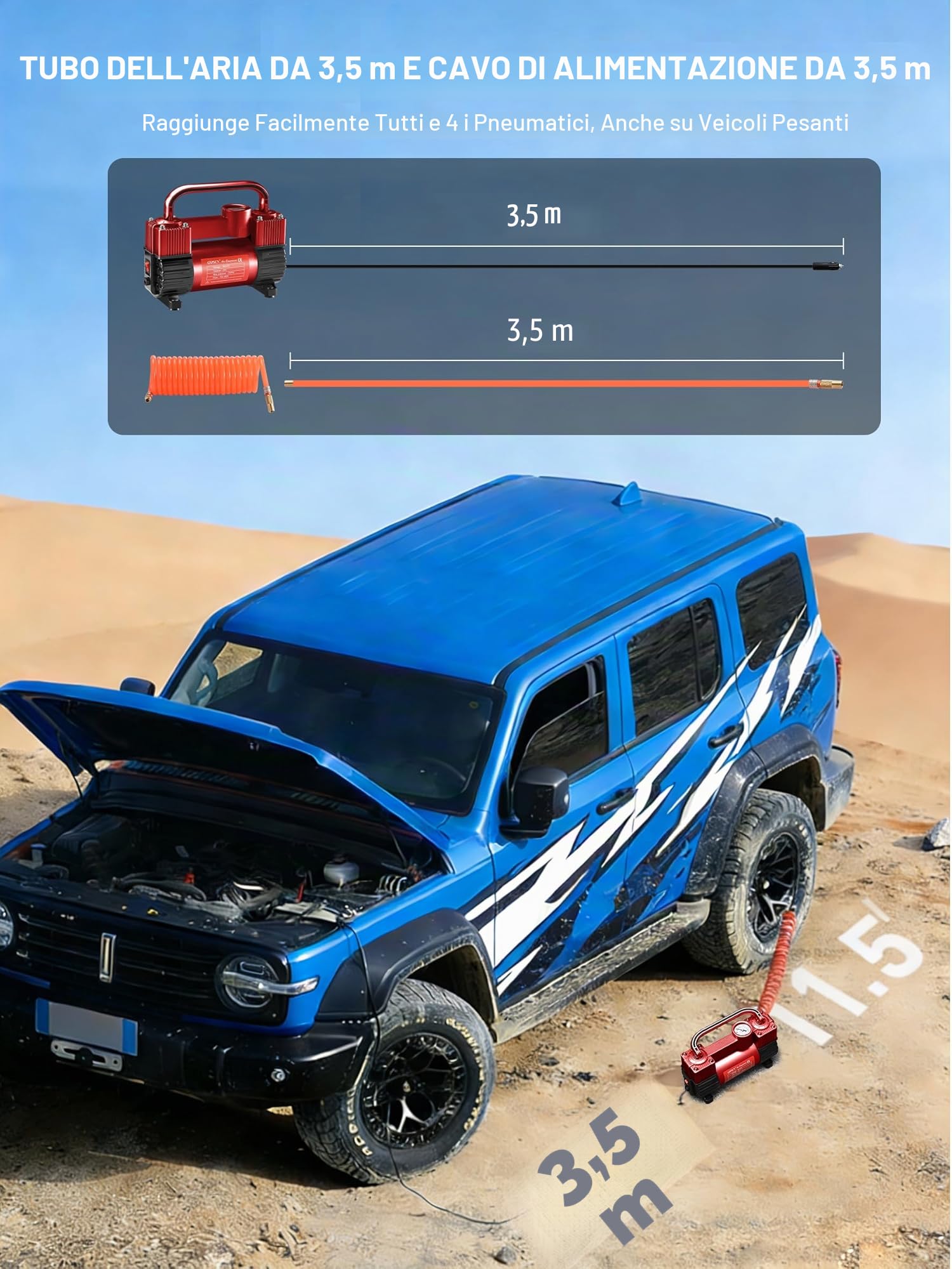 GSPSCN Rosso Compressore Aria Portatile ad Alta Resistenza a Doppio Cilindro, Gonfiatore Pneumatici in Metallo DC 12V, Pompa Elettrica da 150 PSI per Gonfiare Le auto, camion, SUV, Moto,palloni.