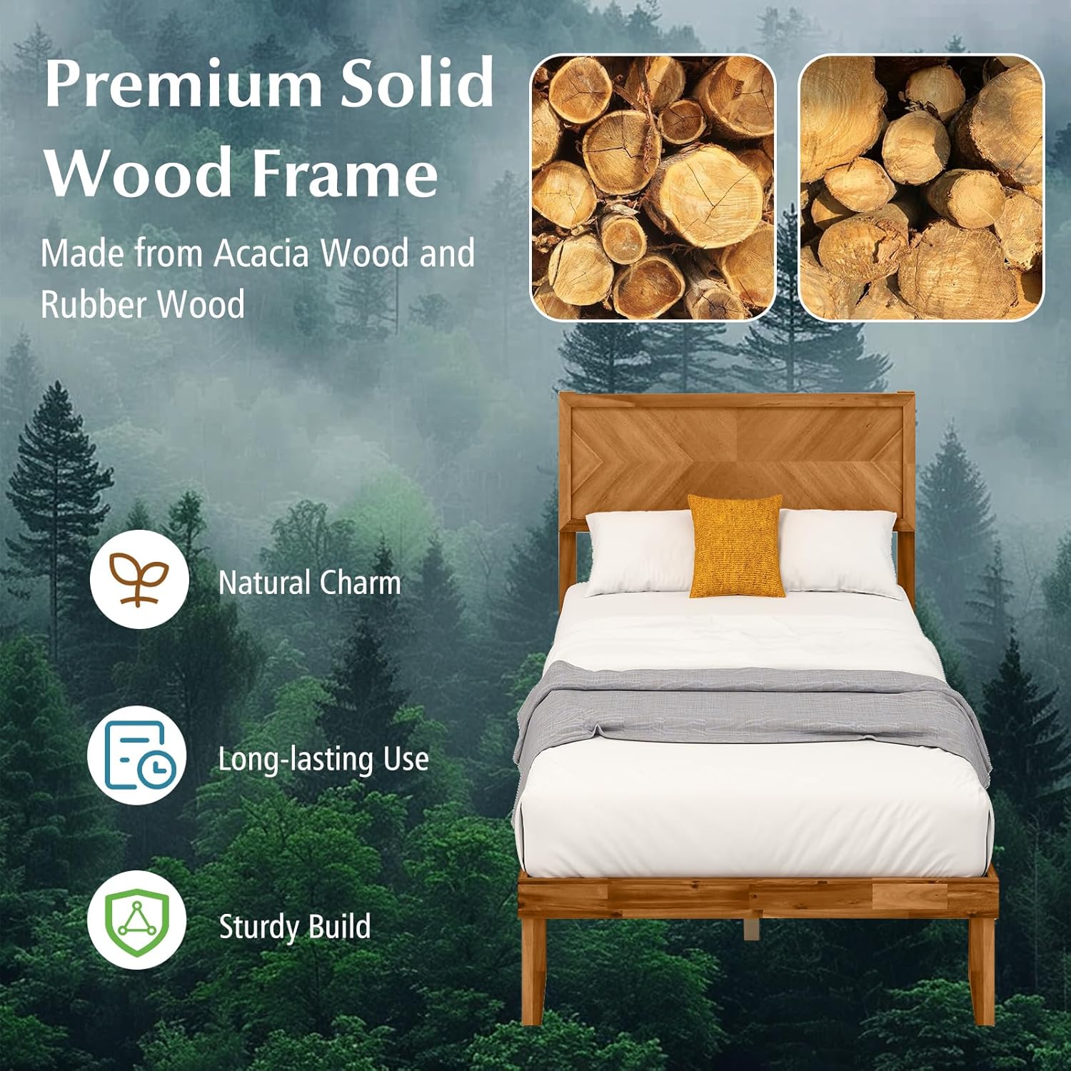 KOMFOTT Twin Size Wood Bed Frame with Headboard, Solid Acacia Wood Platform Bed Frame, Wooden Slats Supported Bed Base with Under-Bed Storage Space, No Box Spring Needed Mattress Foundation