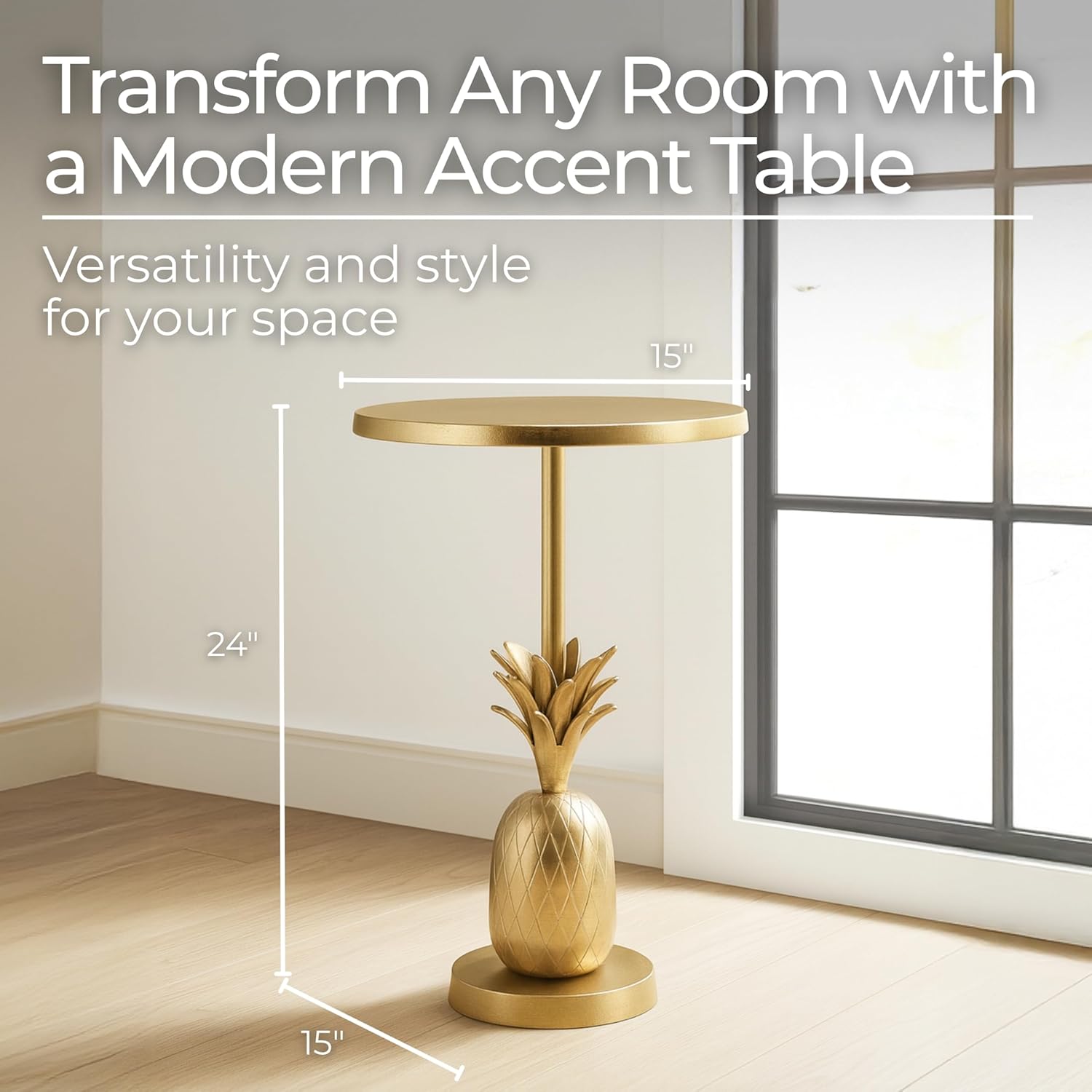 Pineapple Accent Table with Modern Tropical Design – Gold Metallic Finish Aluminum Round Side Table for Living Room, Bedroom, Office, & Home Decor – 15 x 24 Inches