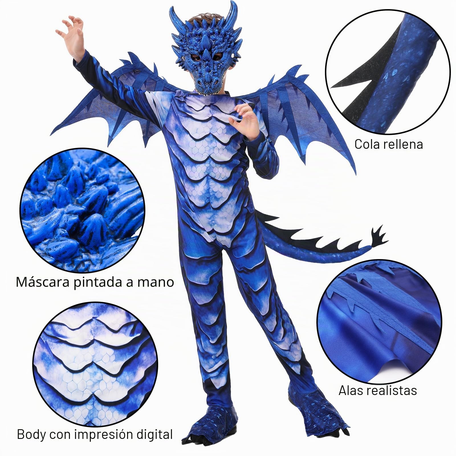 Disfraz de dragón para niños, disfraz de dragón con cola de alas y máscara para niños y niñas, Halloween, carnaval, dragón azul, para niños 4, 5, 6, 7, 8, 9, 10, 11, 12 años