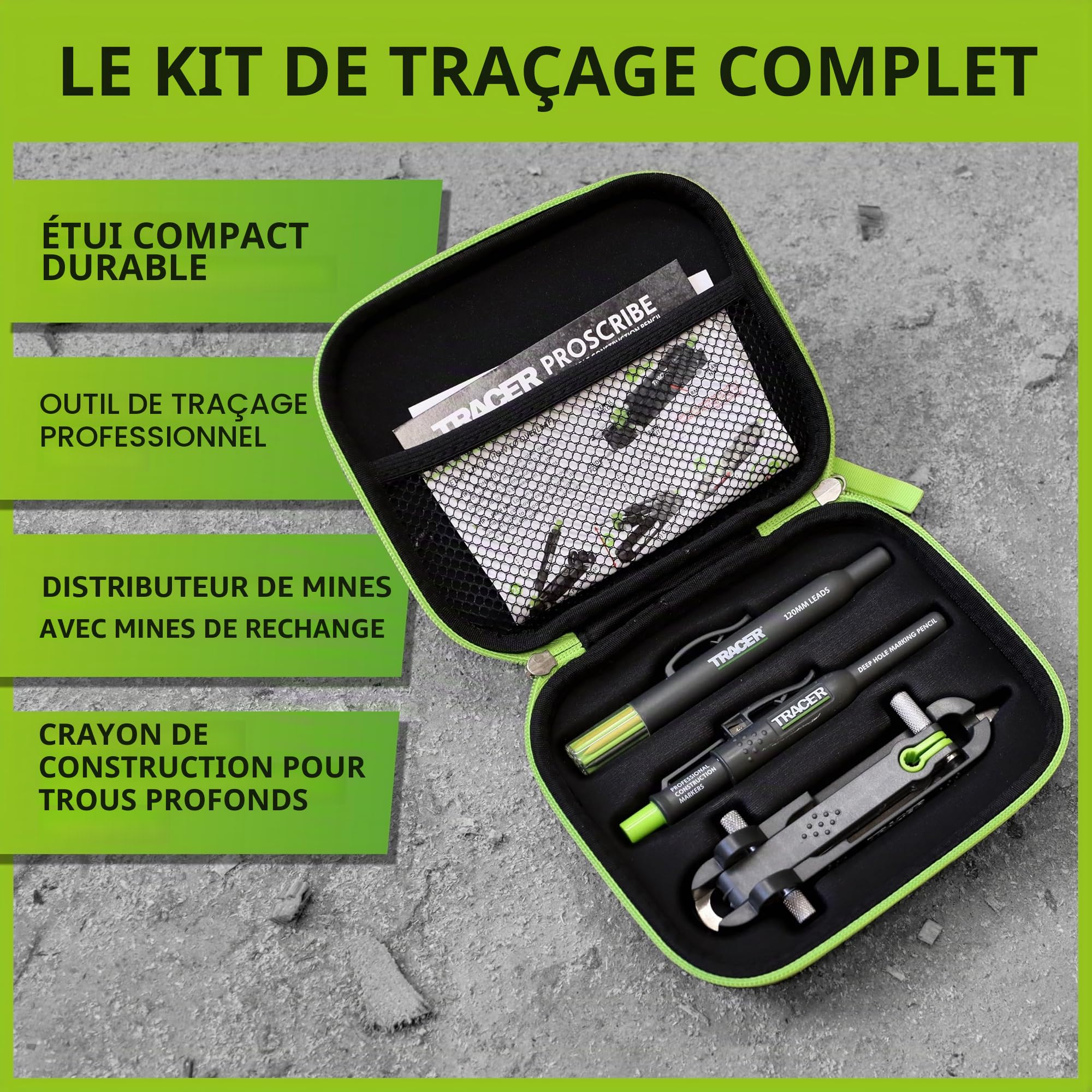 Tracer Outil ProScribe avec crayon à trou profond, étui à mine et étui de transport (bricolage, travail du bois et menuiserie outil multifonction à