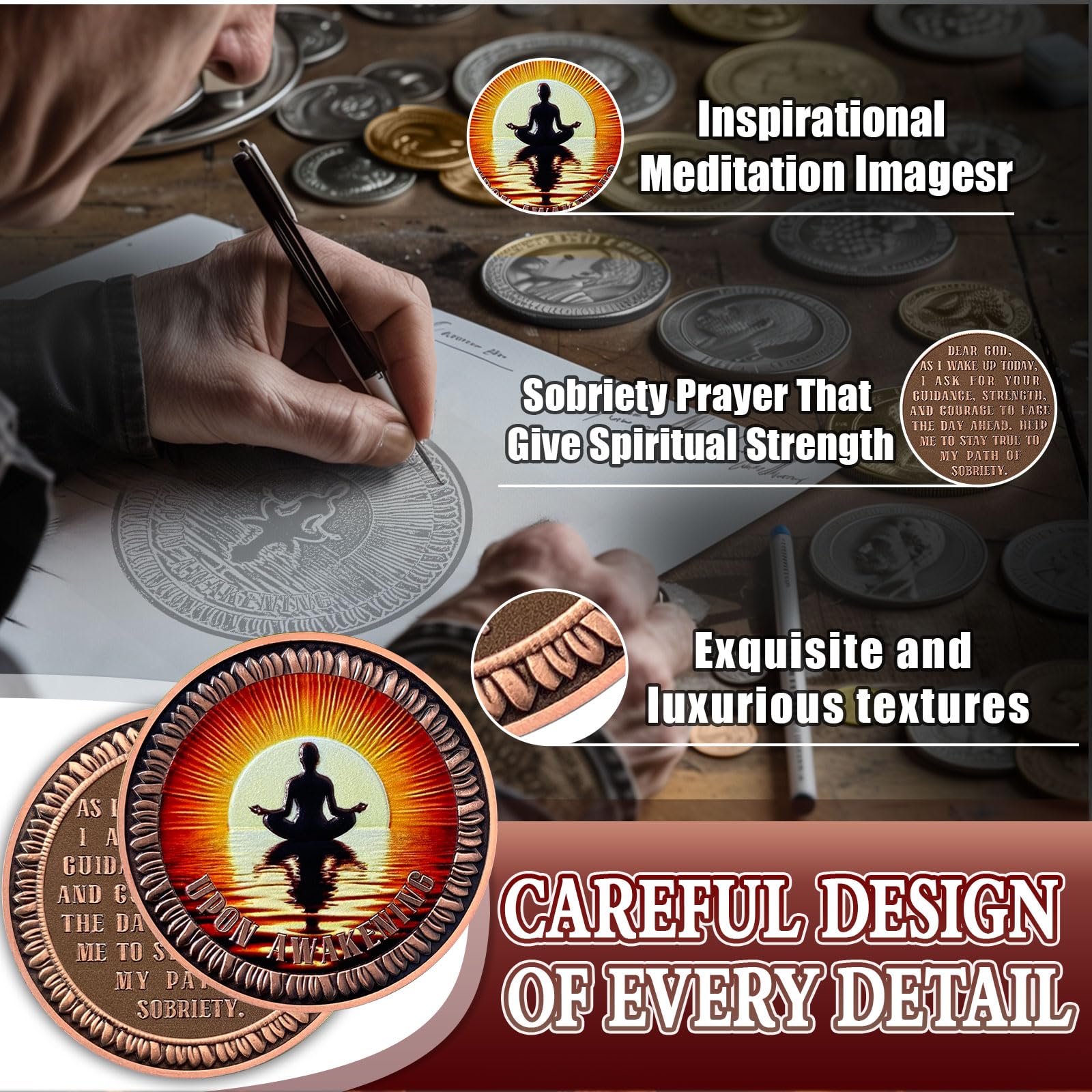 Sea Surface Meditation Sobriety Coin, Upon Awakening Recovery Coin, Bronze Sober Medallions with Inspirational Quotes - Image 3