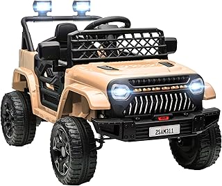 Qaba 12V Ride On Truck, Battery Powered Kids Electric Car with 4 Suspension Wheels, Remote Control, 3 Speeds, LED Headlights, Horn, USB Music, Khaki