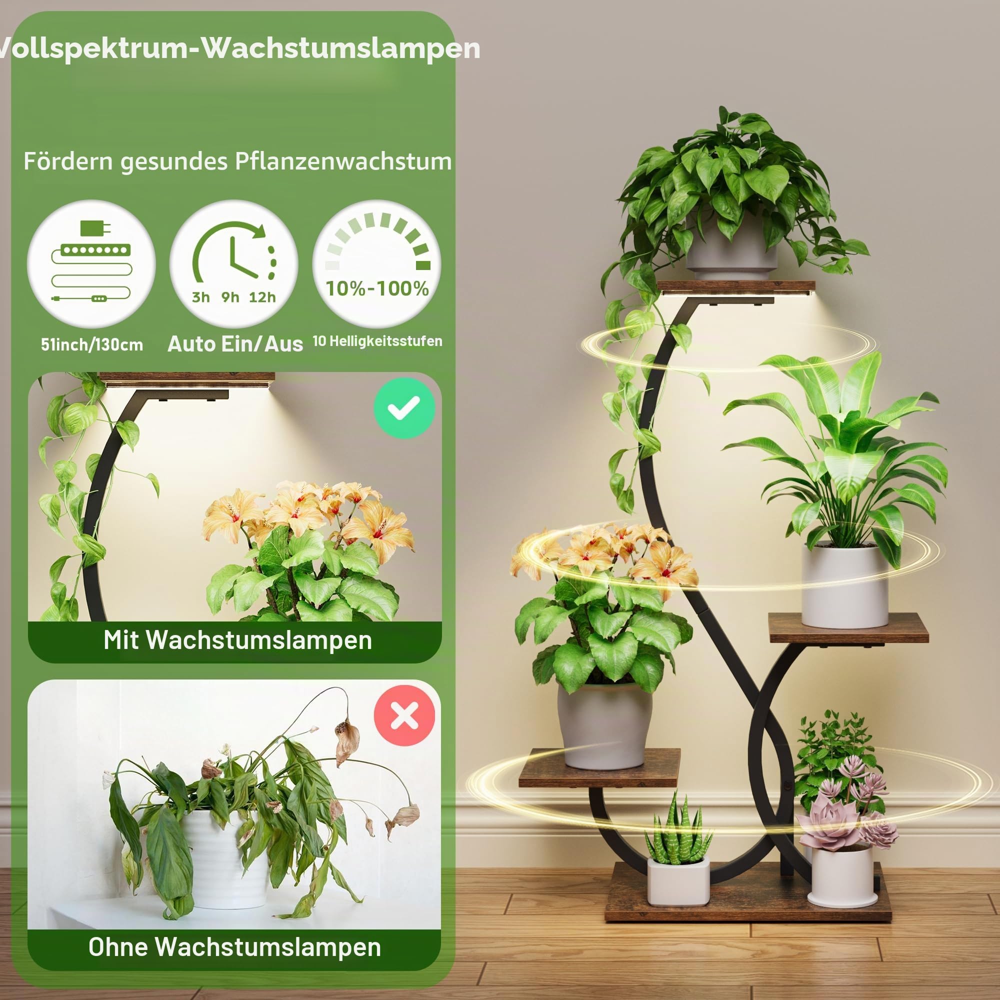 BACEKOLL Pflanzenständer mit Wachstumslicht - 4 Ebenen Blumenständer 81cm Metall Holz Pflanzenregal - Innen & Außen Blumentreppe - Dekoratives Schwarz Blumenregal für Indoor Garten Balkon