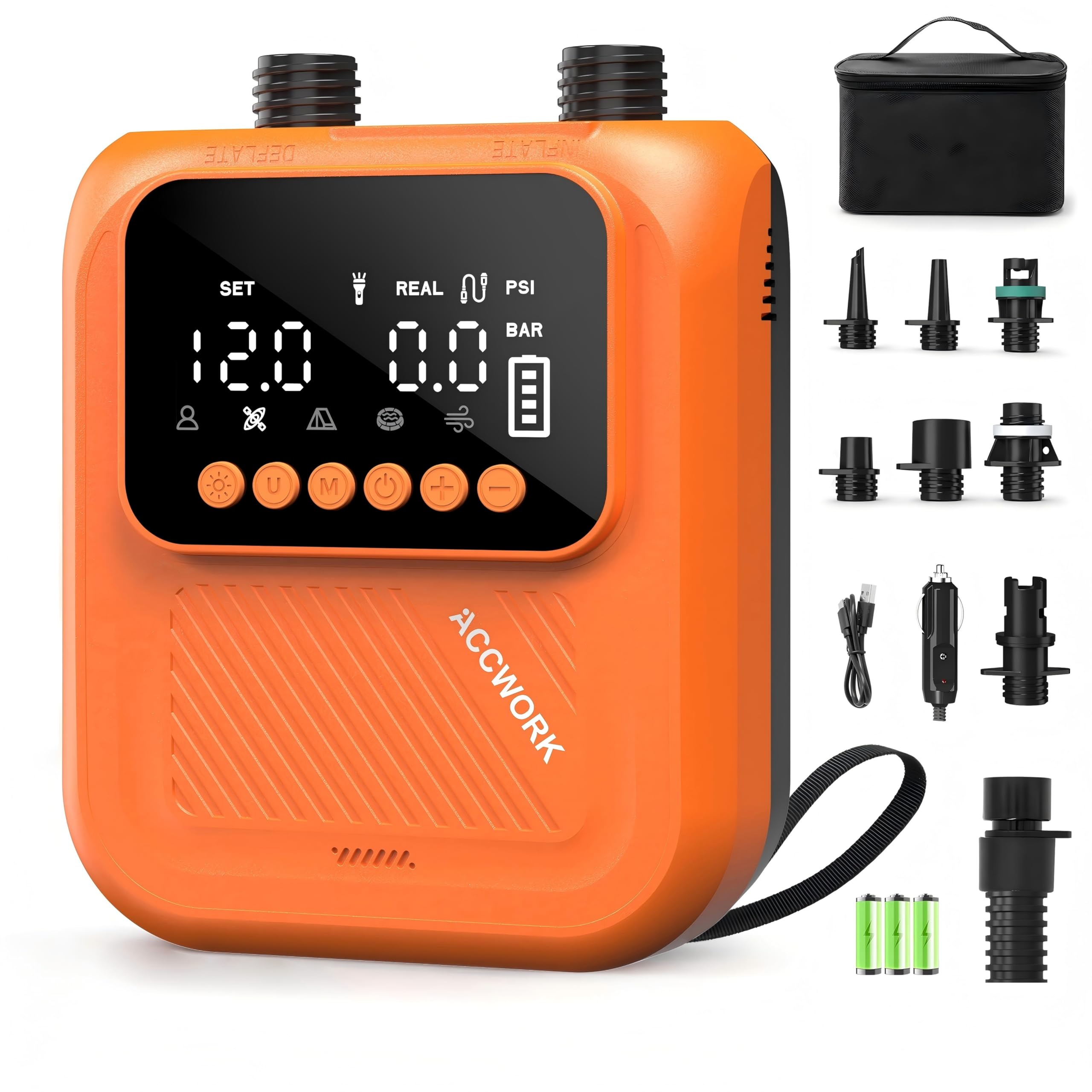 Accwork Pompa SUP Ricaricabile 20 Psi – Arresto Automatico, Gonfiare/Sgonfiare Pompa Batteria Elettrico Gonfiatore Materassi Gonfiabili, 7 Ugelli Per Sup, Canoa, Barca, Tenda, Kayak Gonfiabile