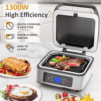 Electric Panini Press Sandwich Maker, 1300W Smokeless Indoor Grill with Removable Non-Stick Plates, Auto-Lift, Fan, Independent Upper Heating, Smart Time & Temperature Control, Silver
