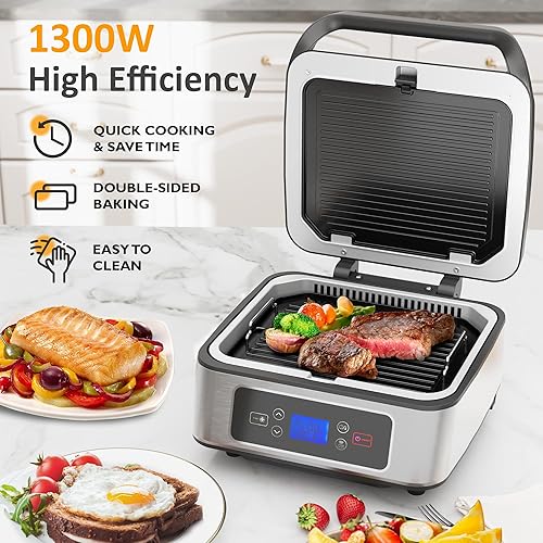 Miniatura 2 de Sandwichera eléctrica Panini Press, parrilla interior sin humo de 1300 W con placas antiadherentes extraíbles, ventilador, elevación automática,