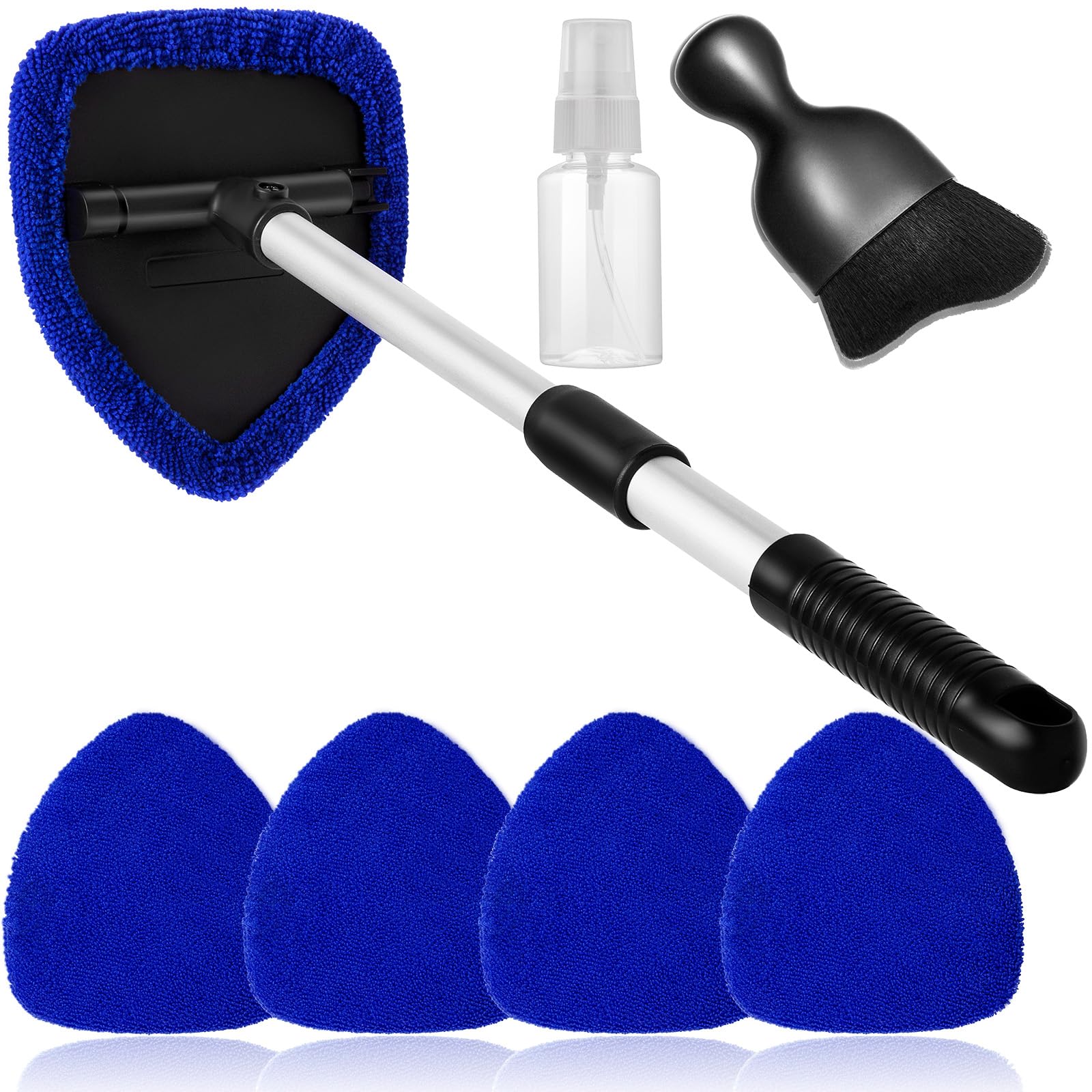 Qydipclin 7pcs Windshield Cleaner Tool Car Interior Window Cleaning Kit | 4 Reusable Microfiber Pads 1 Spray Bottle 1 Soft Brush and Extendable Handle Auto Glass Wiper Kit, Blue