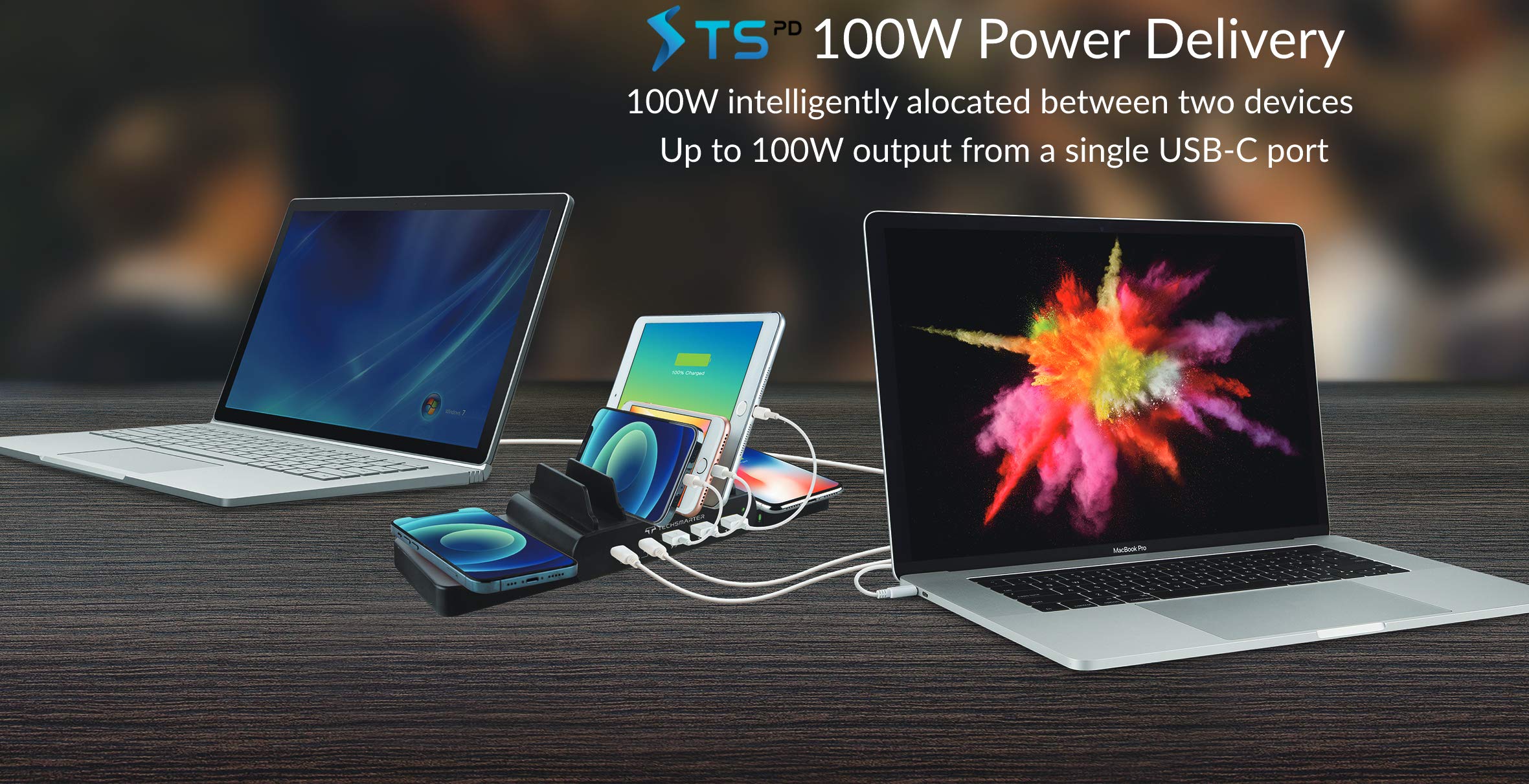 Techsmarter 7-Port Charging Station with 100W Dual USB-C PD, Dual 15W Wireless Charger, Three 18W Fast Charging USB Ports. Compatible with MacBook, iPad, iPhone, Samsung, Dell, HP, ThinkPad, Yoga