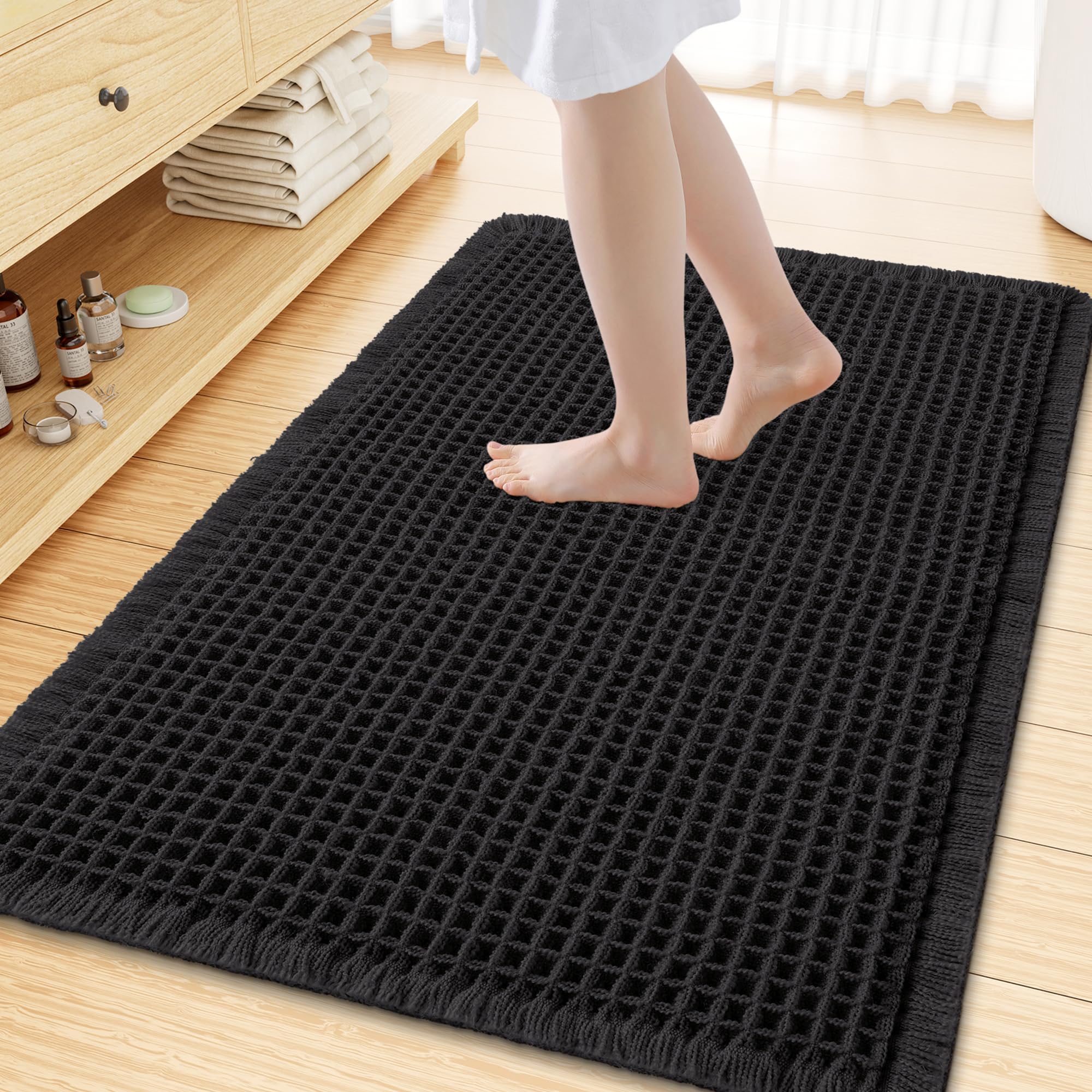 Smiry Waffle Bath Mat 47X32, Extra Soft Absorbent Bathroom Rugs, Black