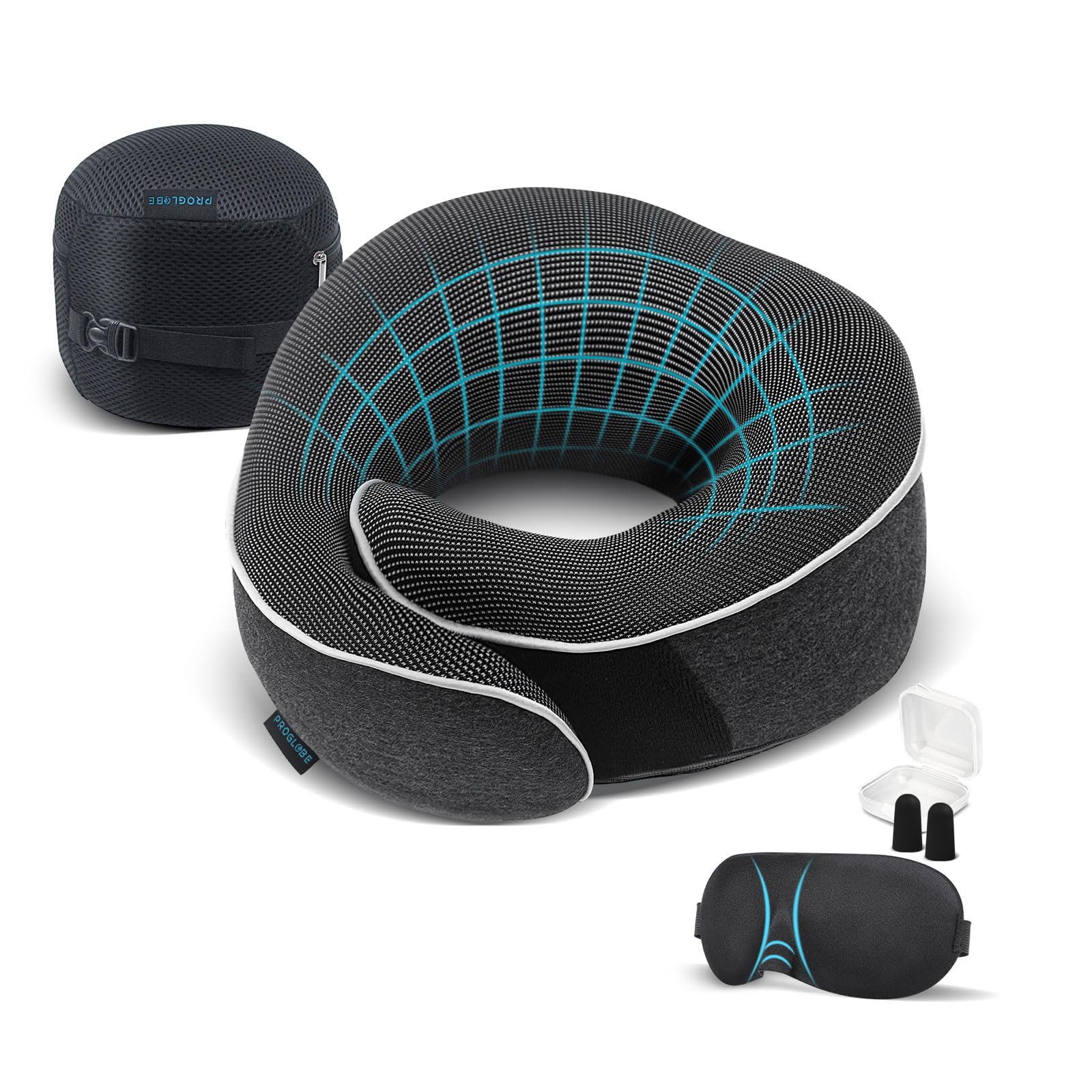 Proglobe Travel Neck Pillow 100% Memory Foam – Airplane & Car Travel Essentials Kit with 3D Eye Mask, Earplugs & Mesh Bag – Sleeping Support Pillow for Adults (Dark Grey)