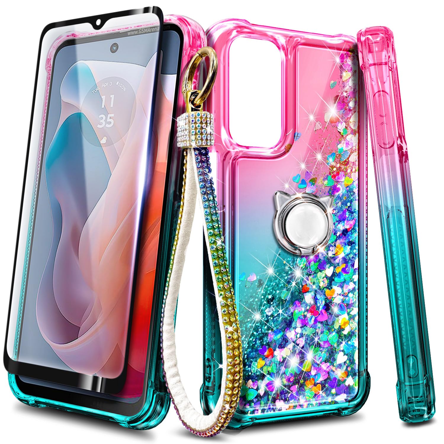 NZND Designed for Samsung Galaxy A53 5G Case, Glitter Floating Liquid Waterfall Cute Case with Tempered Glass Screen Protector/Ring Holder/Diamond