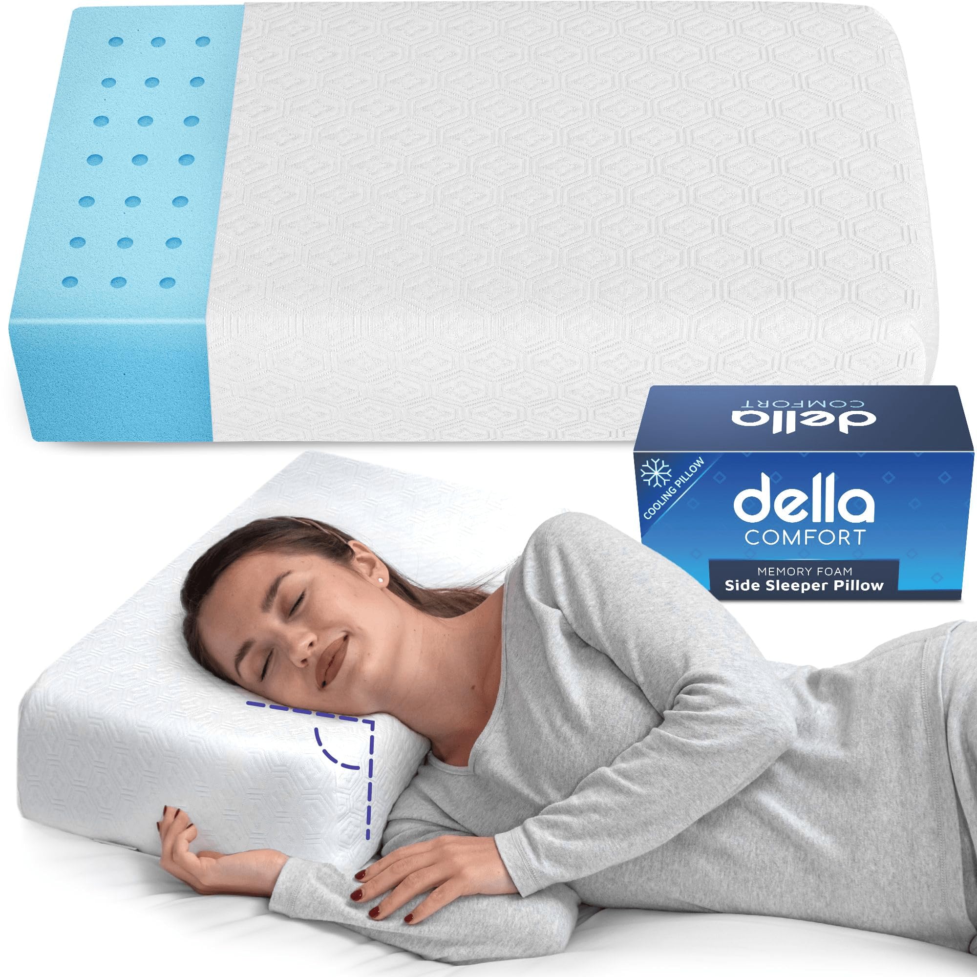 della Cooling Cuboid Side Sleeper Pillow - Innovative Ergonomic Design for Head & Neck Alignment - Soft Ventilated Memory Foam for Ultimate Comfort & Cooling All Night Long