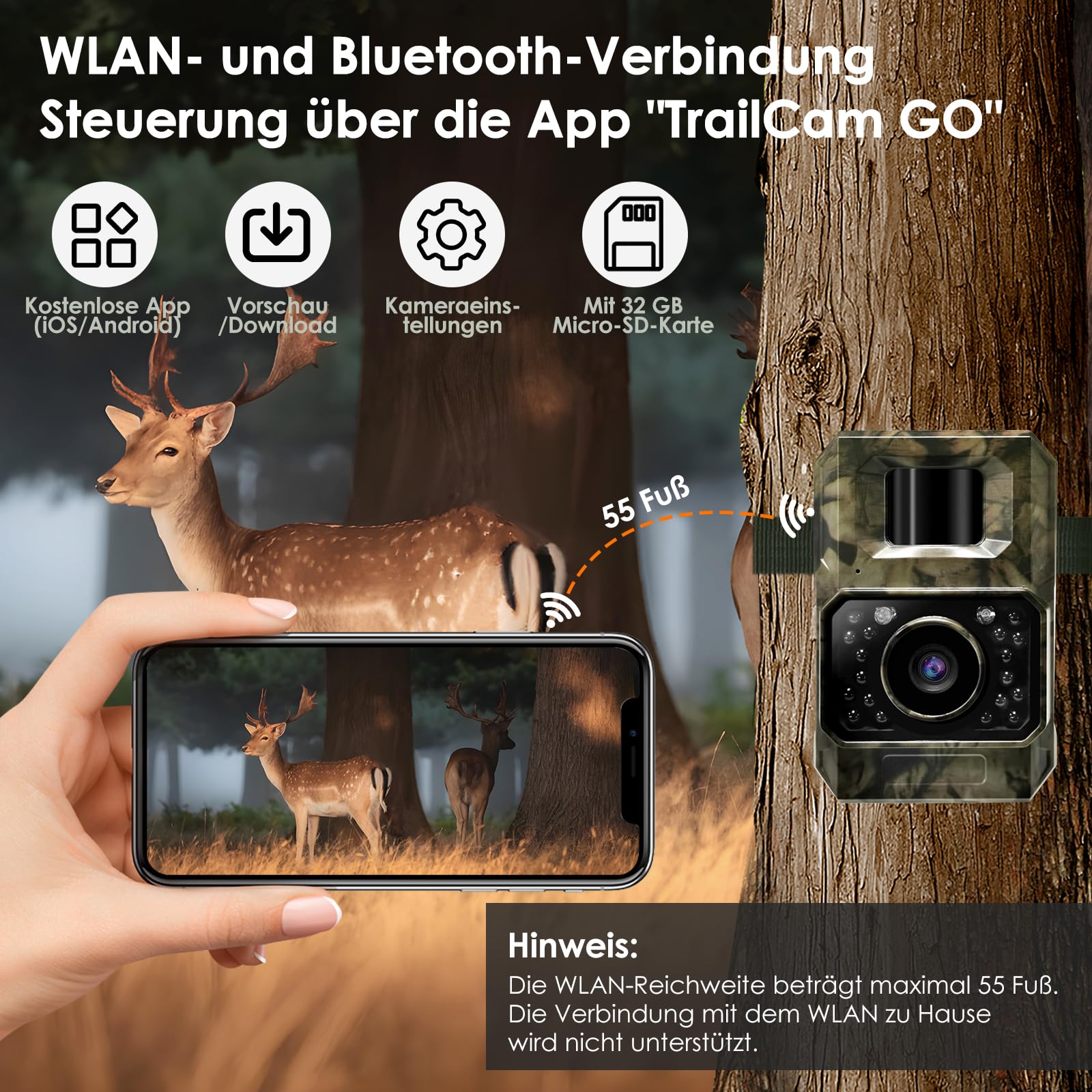 MAXDONE Wildkamera 4K 64MP WLAN Bluetooth Nachtsicht 2000mAh Akku IP66 Wasserdicht
