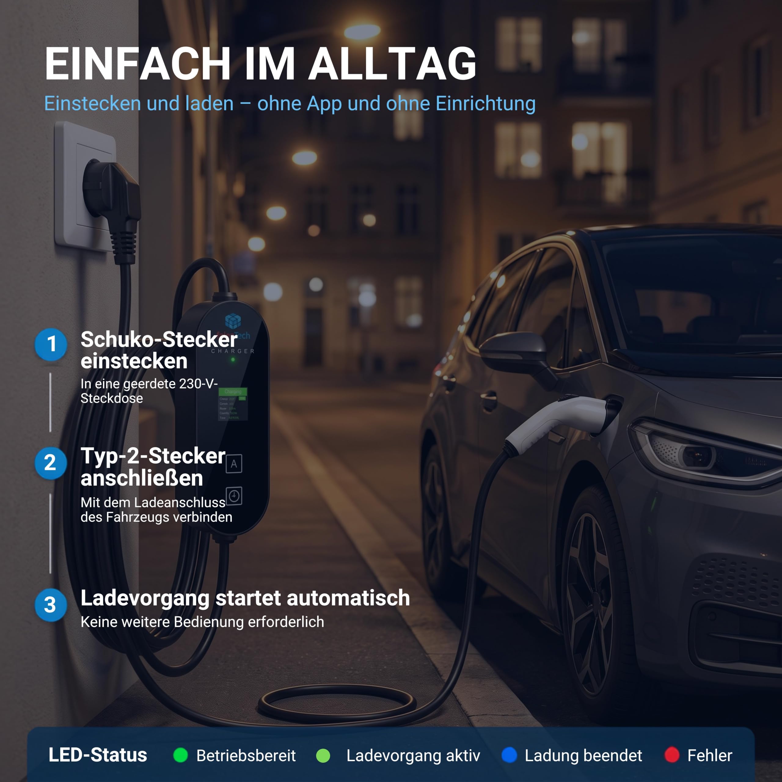 Ladekabel Elektroauto Typ 2 Schuko | 5 m - 3,7 kW | Für alle Typ-2 Elektroautos | LCD Anzeige | Ladekabel für sicheres Laden – ideal für den täglichen Einsatz zu Hause und unterwegs