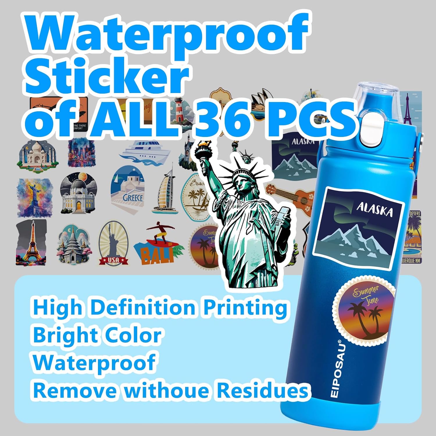 Insulated Water Bottle with Lid & Boot & Stickers, 24 oz Stainless Steel Sweat Free Bottle Keep Cold 24H, BPA-Free Sports Wide Mouth Water Bottle, Blue Gradient - Image 8