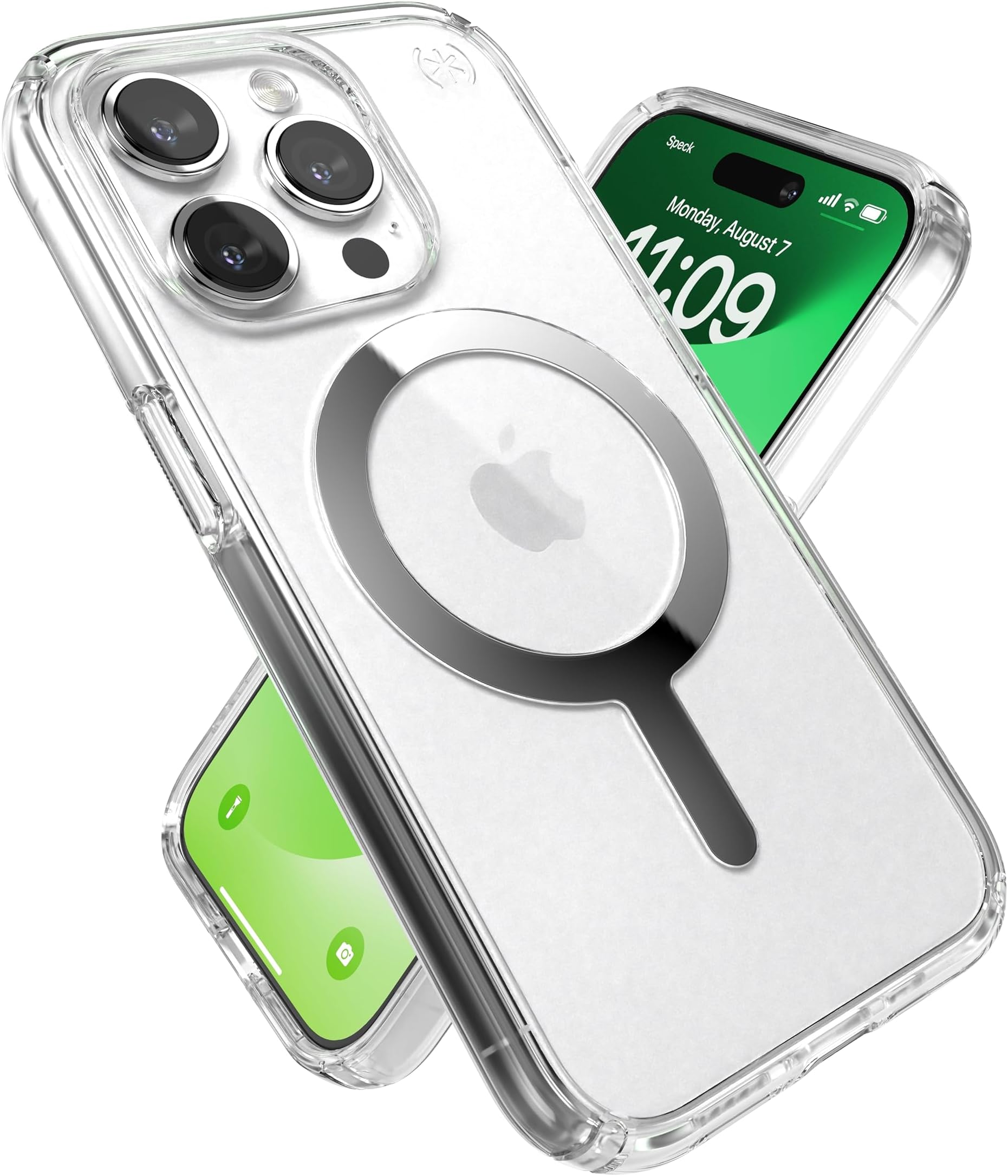 Speck Clear iPhone 15 Pro Case - Built for MagSafe, Drop Protection - Scratch Resistant, Anti-Yellowing, 6.1 Inch Phone Case - Presidio Clear/Chrome Finish