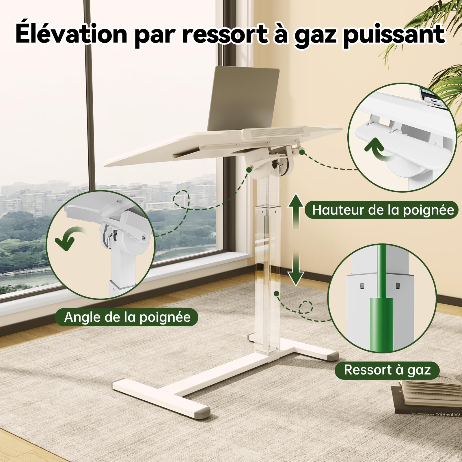 Gibbon Mounts Bureau Assis-Debout Hauteur réglable, Table Chevet INCL. 180° | Chariot mobile pliable blanc, 80x40cm plateau inclinable des deux côtés du lit. Base fine 3cm, 2 types de roues remplaçables