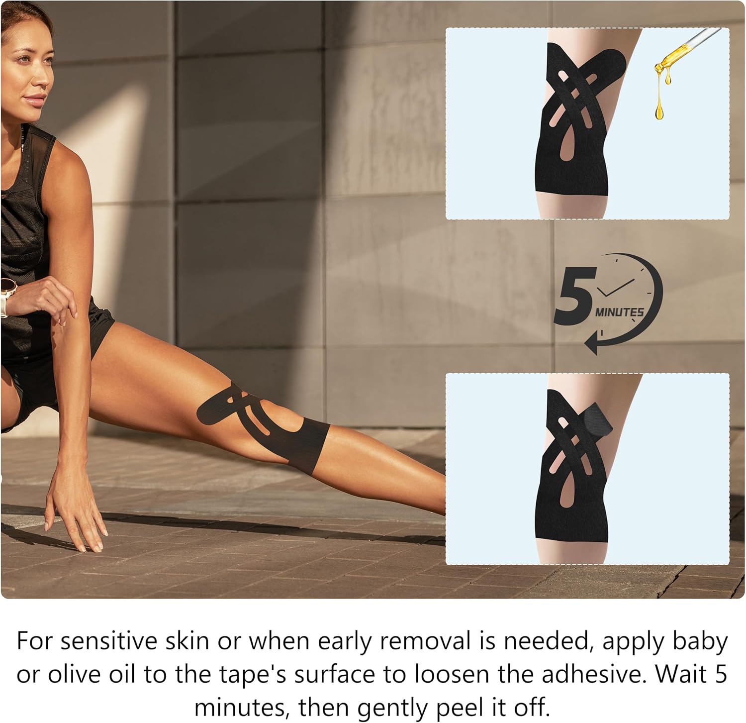 Precut Kinesiology Tape for Knees – 14 PCS Knee Tape for Pain Relief & Support, Elastic Waterproof Sports Tape, Breathable & Latex-Free, Pre Cut Athletic Tape for Workout & Injury Recovery, Black