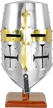 Medieval Era Brass Crusaders Templar Premium Steel & Brass Helmet | Props & Head Wear Larpers Helmet Silver Double Cross