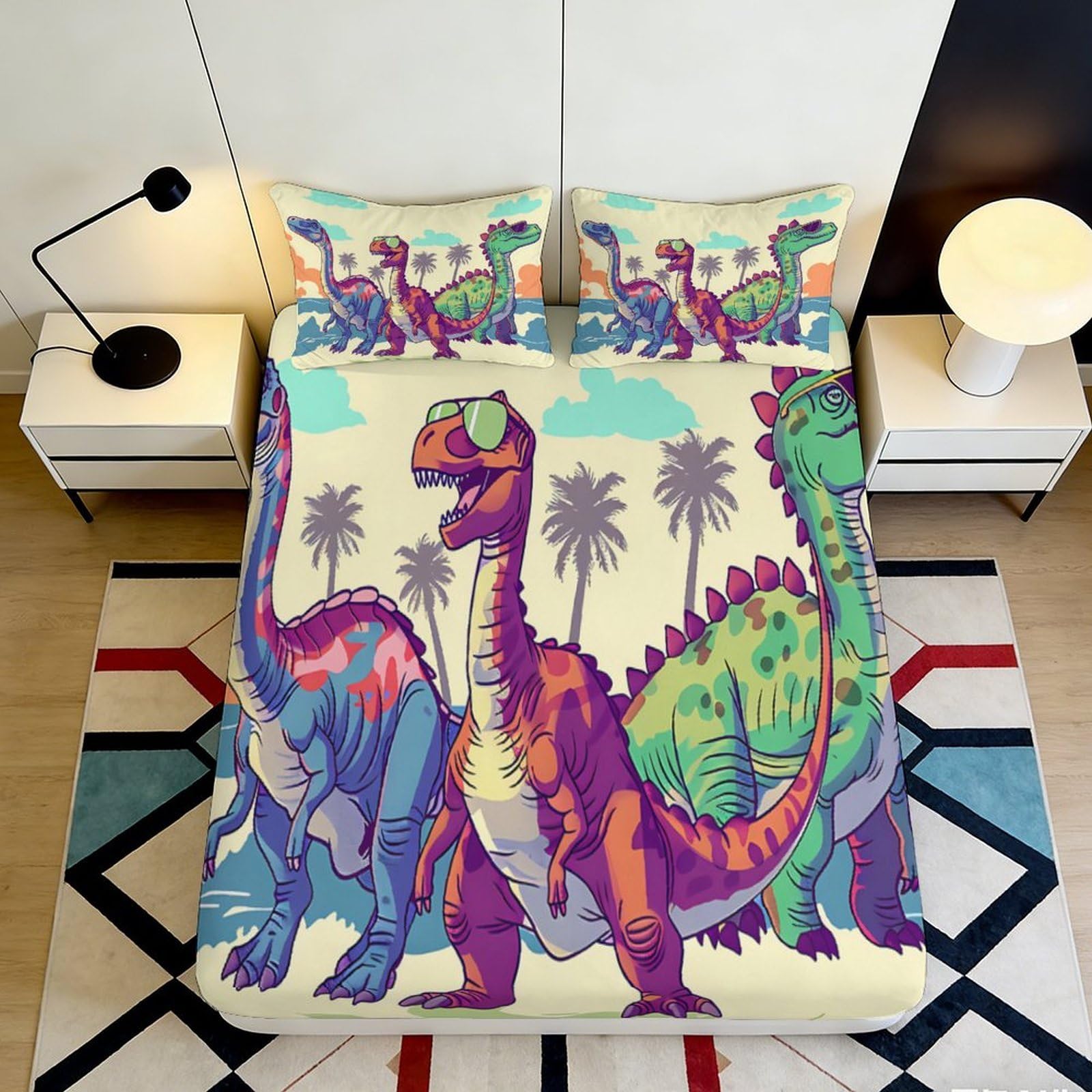 3D Printed Dinosaur Fitted Sheet Microfiber Deep Pocket Non-Slip Dinosaur Mattress Fitted Cover for Bedroom Bedding 120x200x25cm