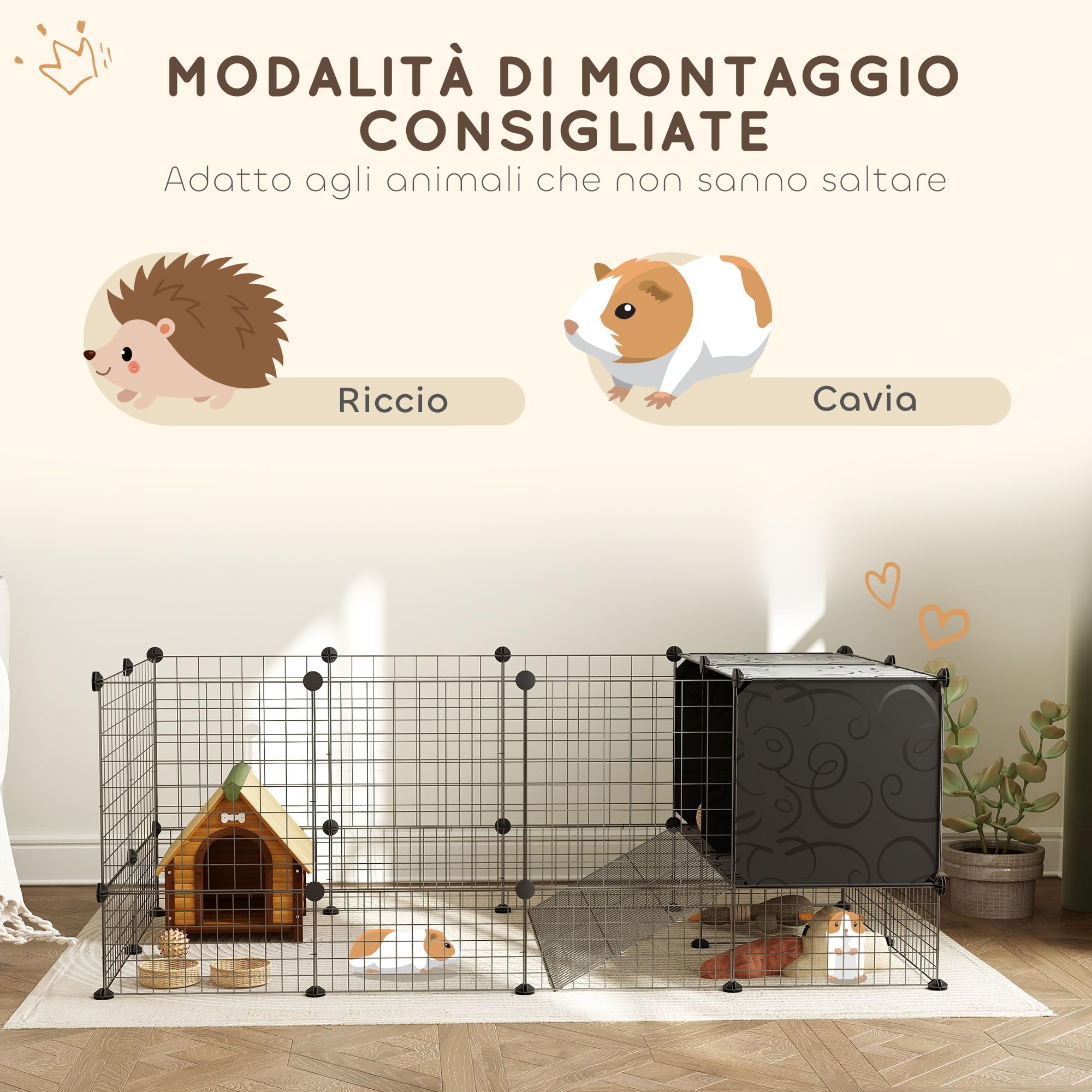 PawHut Gabbia per Animali Piccoli Modulabile con 2 Casette Rialzate, Recinto per Conigli, Porcellini d'India e Ricci da interno con 31 Pannelli, Nero
