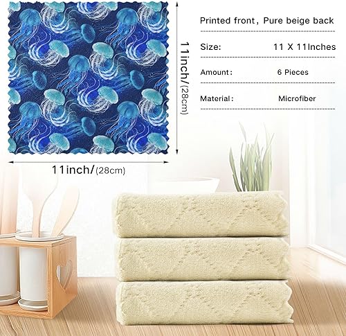 Miniatura 4 de linqin Blue Jellyfishes Swimming Underwater Cotton Decorative Microfiber Cleaning Cloths Absorbent 6 Pack Tea Towels for Kitchen Reusable for