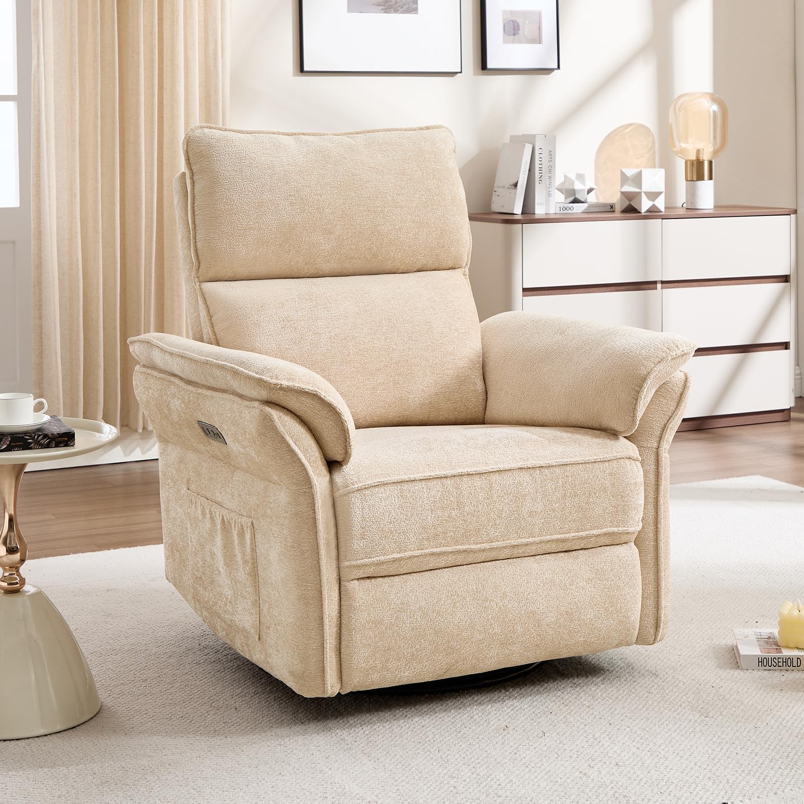 Oversized Power Recliner Chair Swivel Glider with Massage and Heat, Rocker Nursery Recliner for Adults with Adjustable Headrest, 24" Extra Wide Nursery Chair with Overstuffed Armrest,Beige