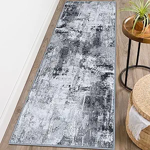 KOZYFLY Modern Abstract Runner Rug 2x6 Washable Grey/Black/Black Runners for Hallways Kitchen Runner Rug Non Slip Carpet Rug Runner Laundry Mat with Soft Low Pile for Entryway Bathroom Bedroom Kitchen