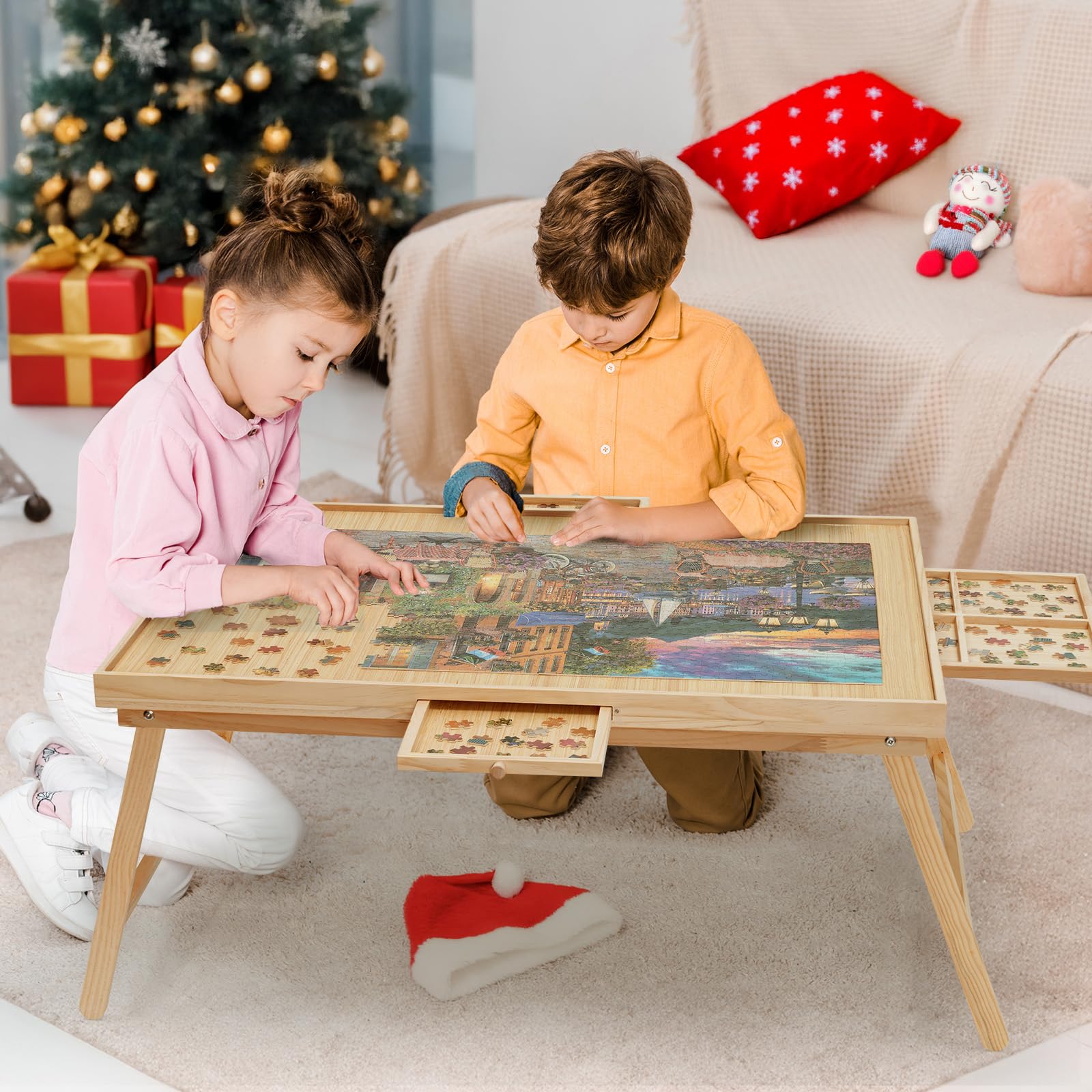 puzzle table 1500 pieces wooden puzzle board with legs, 34.3x 26.5 jigsaw board with 4 drawers and cover, foldable leg jigsaw table for adults natural