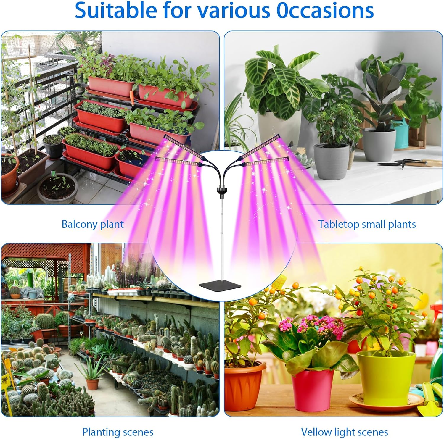 Grow Lights for Indoor Plants, 4 in 1 Full Spectrum Plant Lights for Indoor Growing with Adjustable Brightness On/Off Switch and Timer, Plant Grow Light liftable Height for Plant Growth and Flowe
