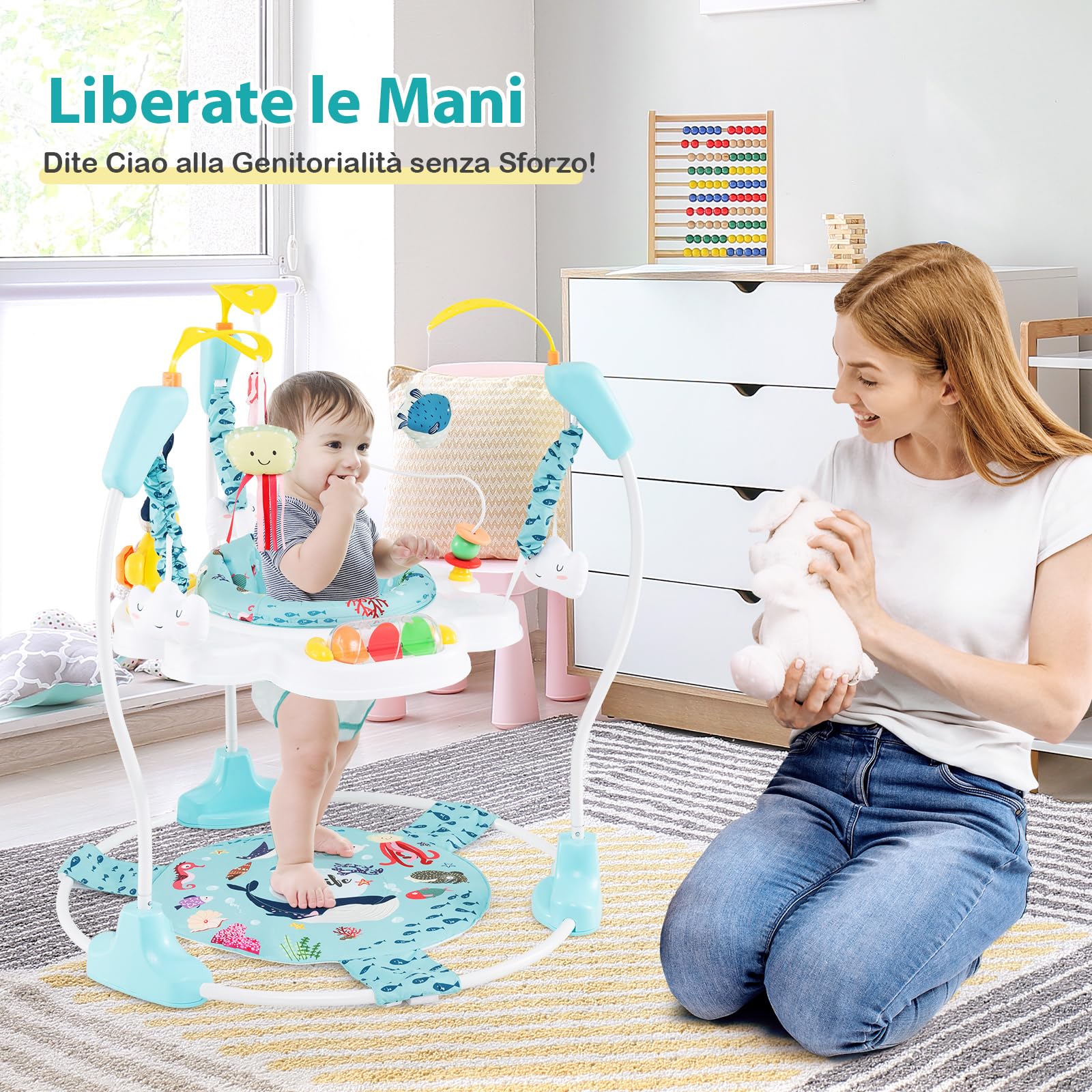 COSTWAY Jumperoo per Bambini, Centro Attività Saltella con Altezza Regolabile, Sedile Girevole 360°, Luci e Suoni, 6+ Mesi, Azzurro