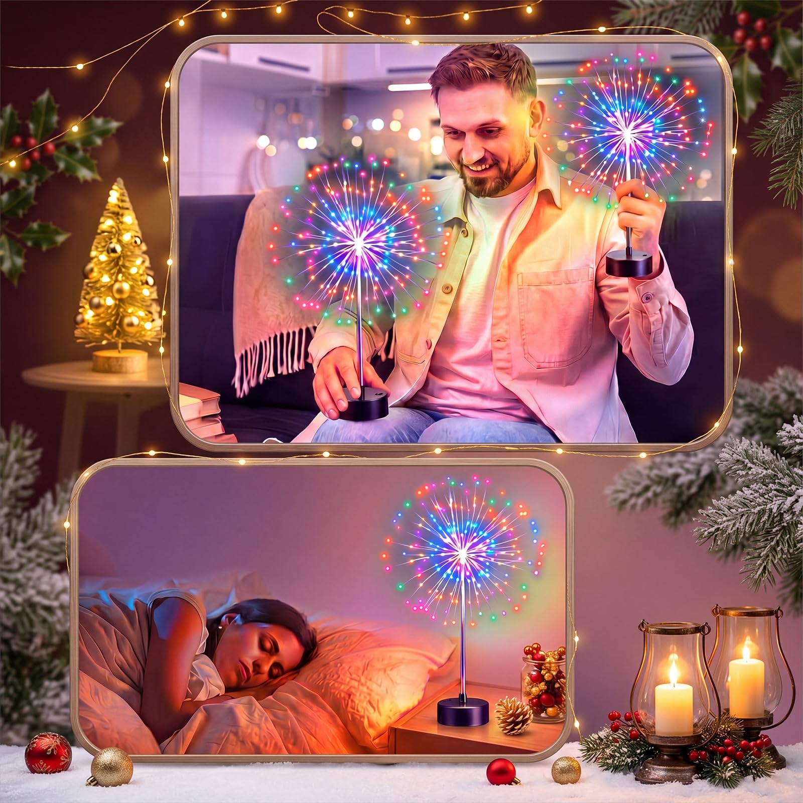 Tujoe Weihnachts-Feuerwerk und Blumen-Mittelstück-Lichter, 120 LEDs, buntes Bankett, rote und grüne LED-Feuerwerk-Lampe für Weihnachten, Tisch, Hof, Außenbereich, Fee, dekorativ, 3 Stück